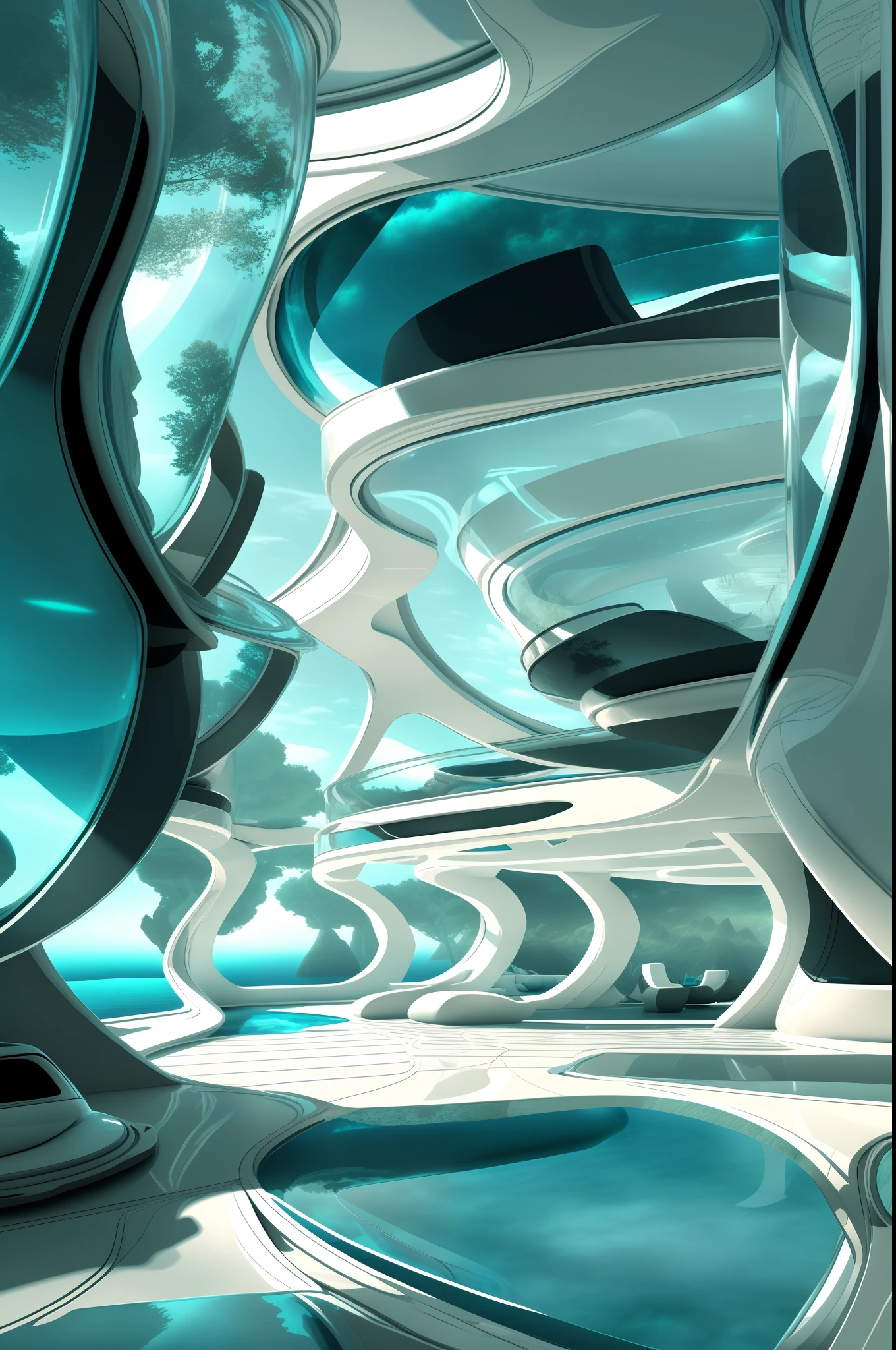 Award-winning interior design of a house on an alien planet, Planeta Zafiro, futuristic, transparent, agua marina