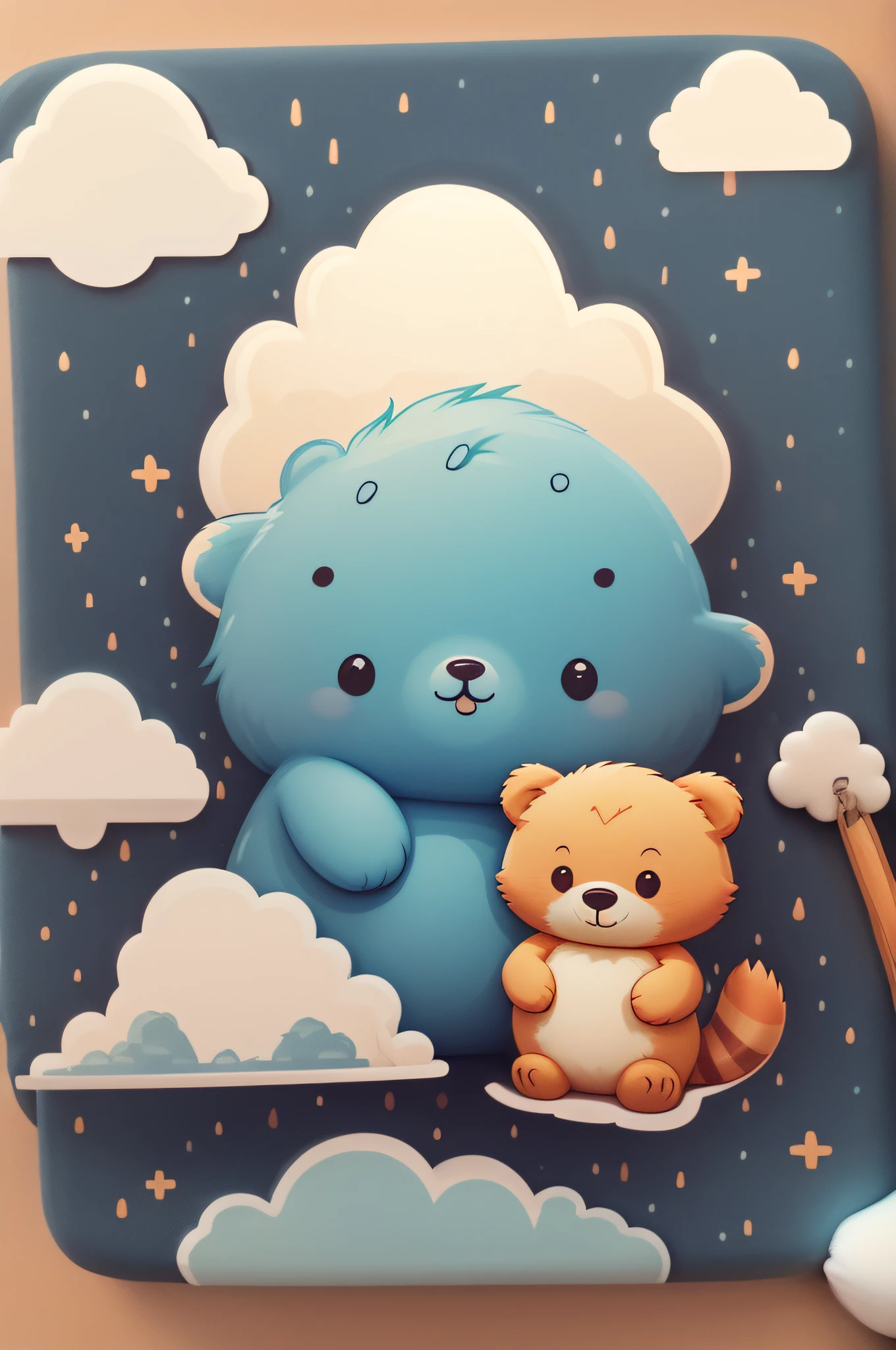 simple_background,drawing of two friendly cartoon bears hugs, cloud background
