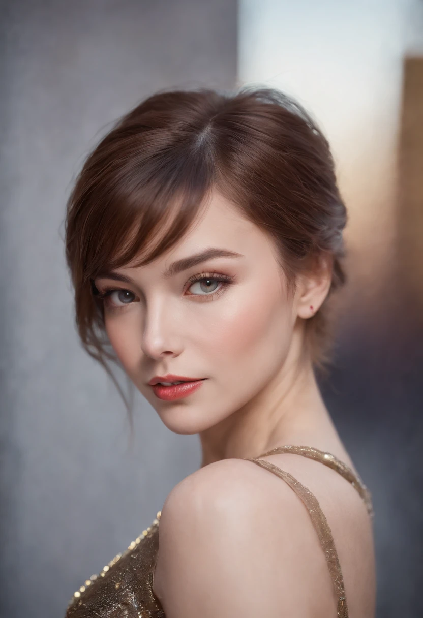 (realistic, attractive:1.1), (portrait, female), detailed eyes, detailed lips, cybernetic enhancements, shiny metallic skin, porcelain complexion, confident expression, high-definition, vibrant colors, soft lighting, sleek hairstyle, stylish outfit, contemporary background, high resolution, ultra-realistic rendering