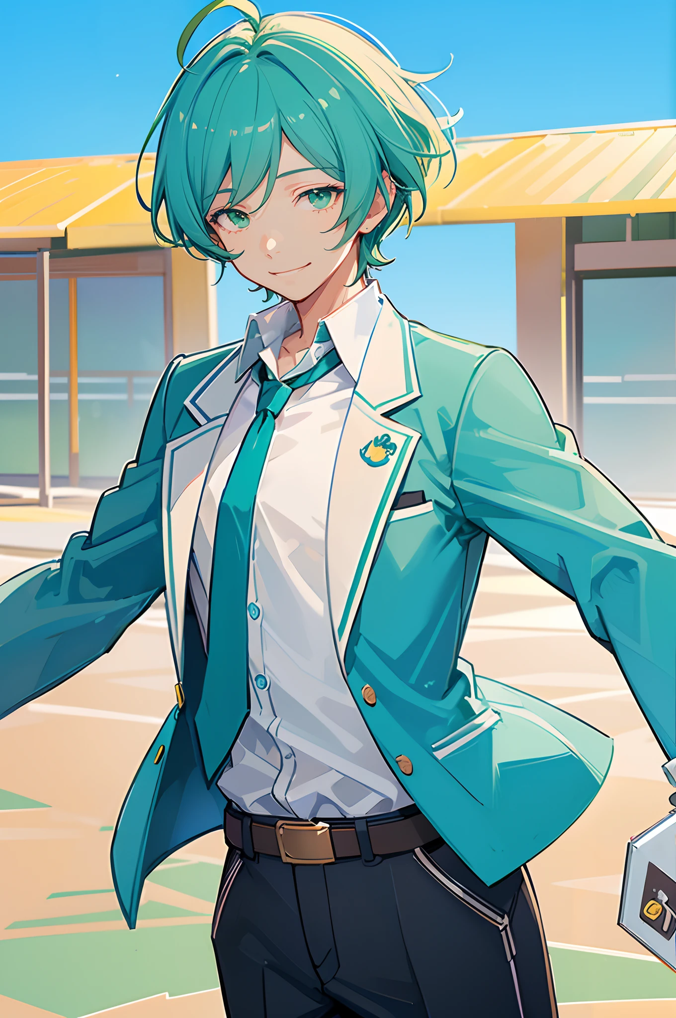 kanata shinkai, solo, 1boy, green eyes, blue hair, ahoge, male focus, cowboy shot, smile, school uniform, green eyes, blue hair, jacket, white shirt, upper body, necktie, collared shirt, blazer, blue jacket, cropped torso, green necktie, plaid pants