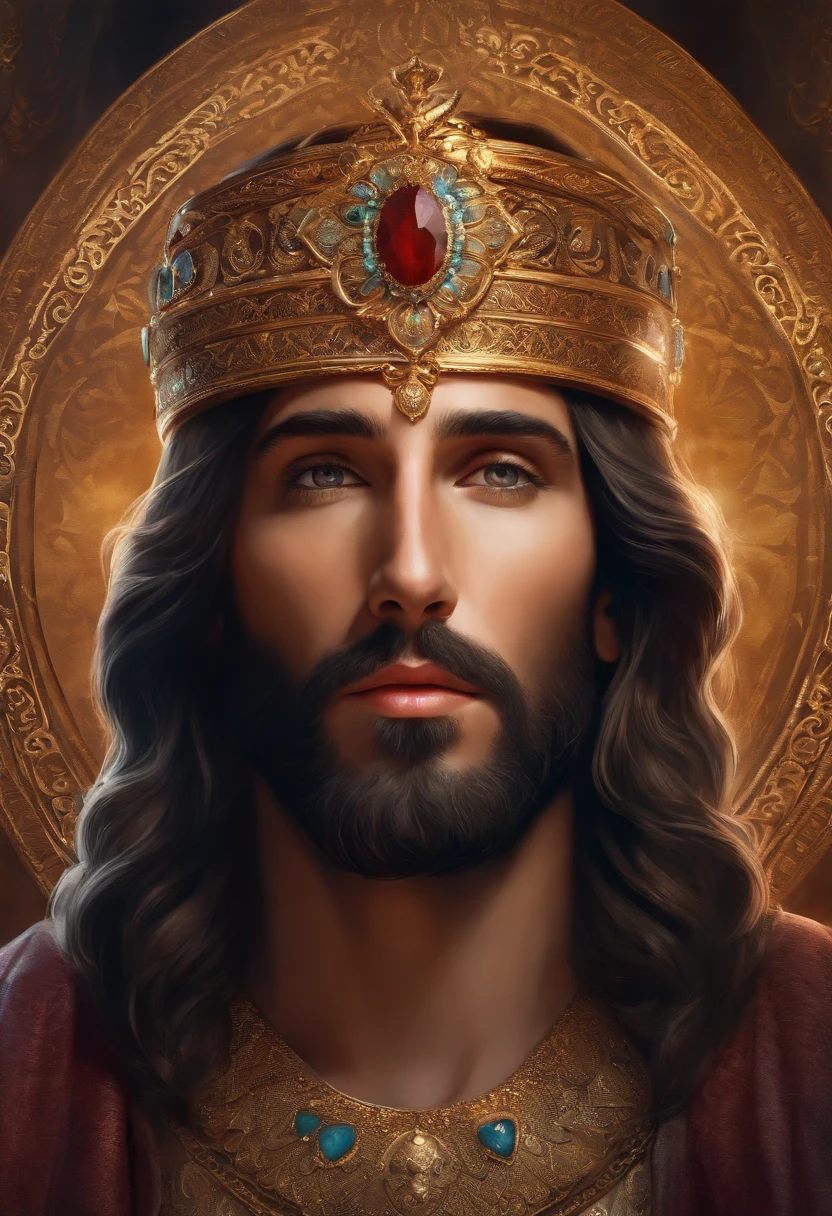 Portrait of a Jesus, face, upper half portrait, beauty face. decorated with kingdom opera motifs, intricate, elegant, highly detailed, symmetry, headpiece, digital painting, art station, concept art, smooth, sharp focus, illustration, 8k