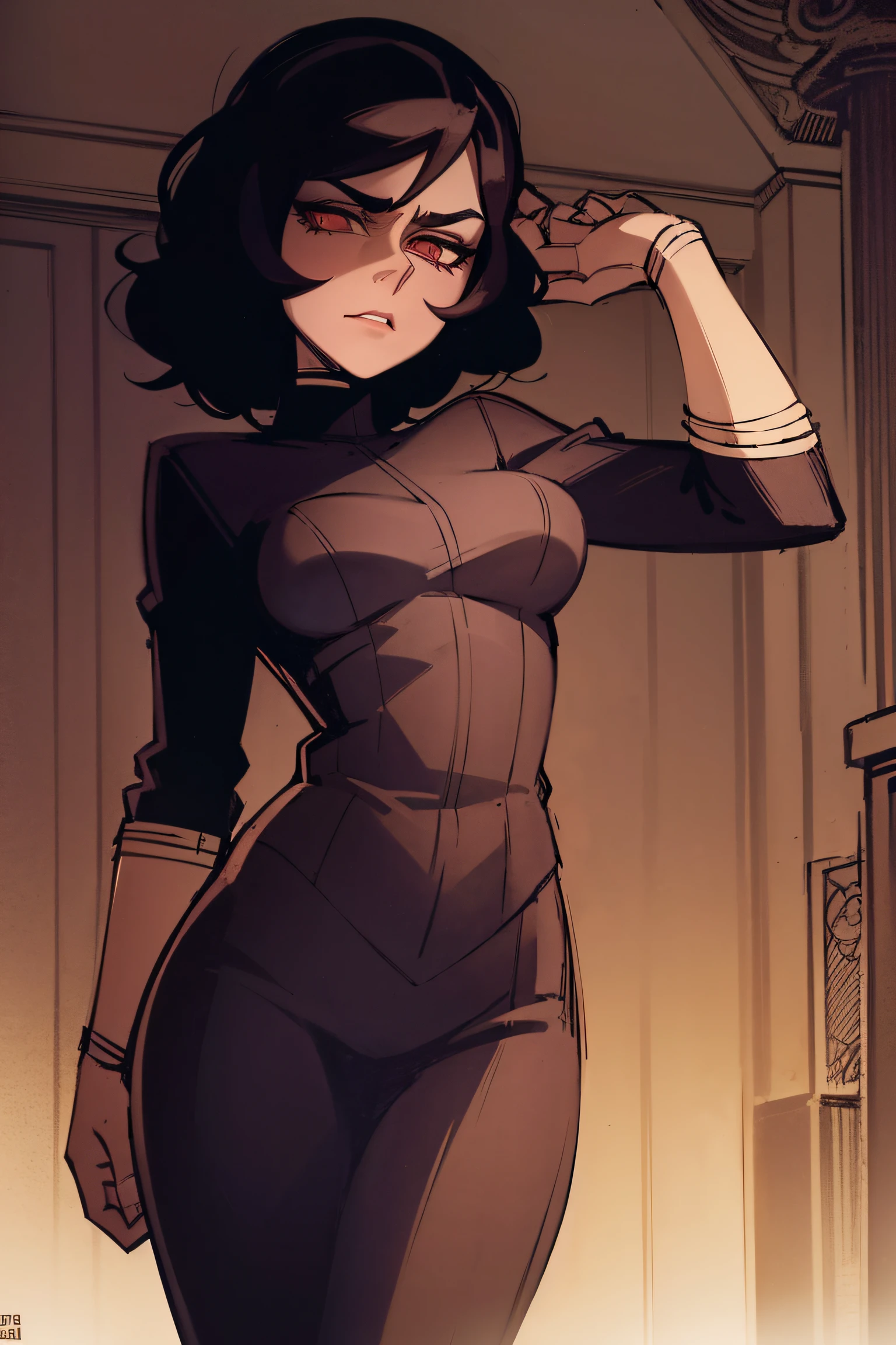 (top-quality、​masterpiece:1.2), 1girl in、Carnal body、musculature、akiyama rinko, darkskin, black slicked back hair 、a yellow eye、tits、Big buttocks、(black double slit dress), ((Raking up your hair、One hand is on his hip)), (Vicious look、Vulgar smile), Beautiful fece、A sexy、elegent、enticing、Beautiful and well-groomed face、beautidful eyes、beautiful hairl、slick skin、smooth legs