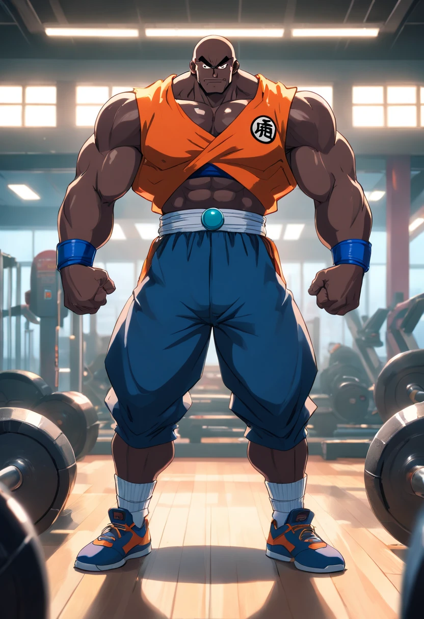 Mr. Popo,Dragon Ball,gyms,masculine
(best quality,4k,8k,highres,masterpiece:1.2),ultra-detailed,(realistic,photorealistic,photo-realistic:1.37),Mr. Popo standing in a gym, highly muscular, with dark blue skin and detailed facial features, wearing loose training clothes showing his muscular physique, surrounded by weights and exercise equipment, with a Dragon Ball logo prominently displayed in the background. The scene is lit by studio lighting, creating sharp focus on Mr. Popo's physique. The overall color tone is vibrant and vivid, with a mixture of blues and oranges to accentuate the muscularity.