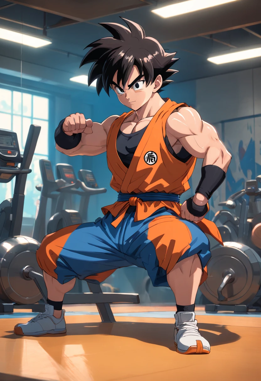 Mr. Popo,Dragon Ball,gyms,masculine
(best quality,4k,8k,highres,masterpiece:1.2),ultra-detailed,(realistic,photorealistic,photo-realistic:1.37),Mr. Popo standing in a gym, highly muscular, with dark blue skin and detailed facial features, wearing loose training clothes showing his muscular physique, surrounded by weights and exercise equipment, with a Dragon Ball logo prominently displayed in the background. The scene is lit by studio lighting, creating sharp focus on Mr. Popo's physique. The overall color tone is vibrant and vivid, with a mixture of blues and oranges to accentuate the muscularity.