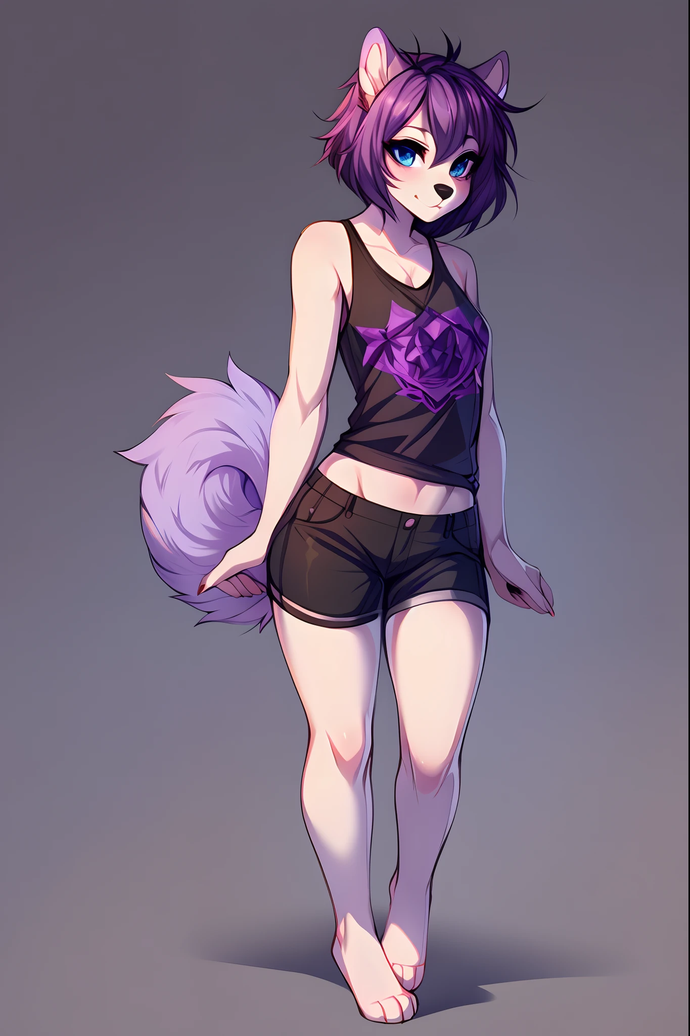 Solo:1.3, by fumiko, by hyattlen, by claweddrip, a purple anthro furry squirrel girl, purple furry body, short violet hair, purple flufffy squirrel ears, cute snout, black nose, blue eyes, wearing black shorts, black tank top, barefoot, 4 toes, standing, no background