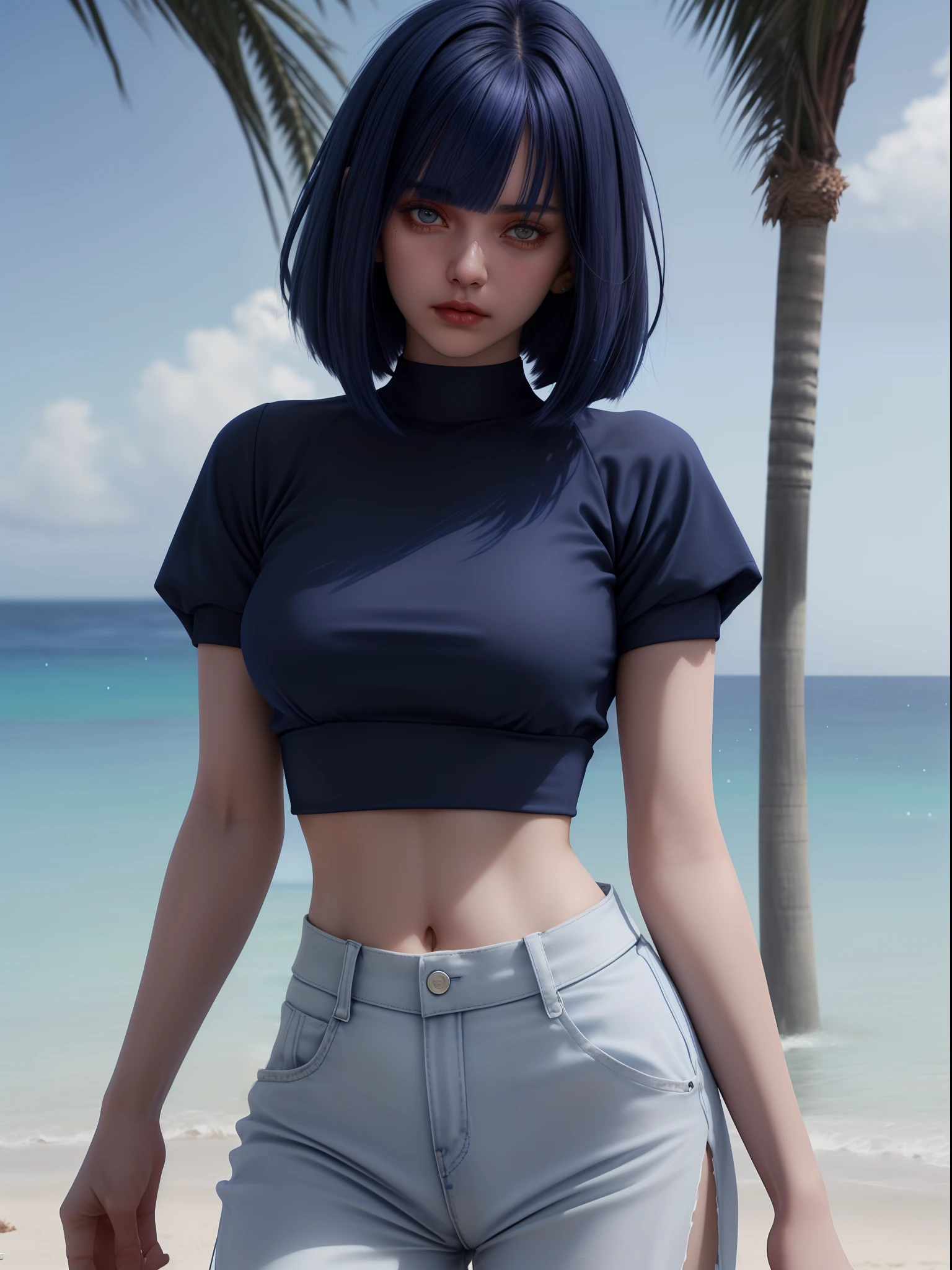 A navy blue-haired girl wearing a white crop top shirt, a sexy body, looking at the camera with a close-up shot. (she has a blunt bob long straight hair), and is on a sunny beach. The image is in 8K ultra-realistic quality.