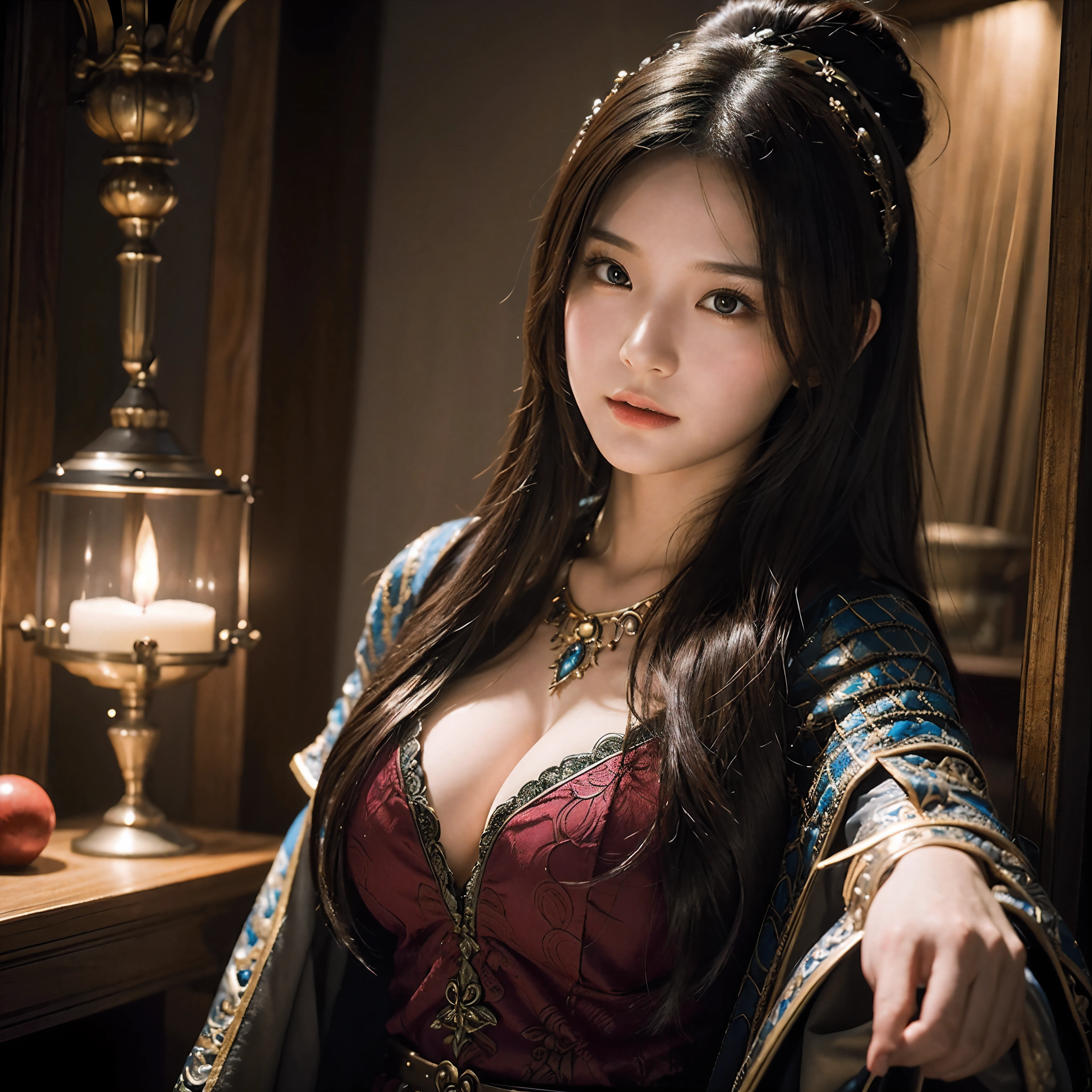 A cute woman with highly detailed facial features, blushing cheeks and half body, portrayed in an ultra-realistic style with ultra-high definition. The artwork showcases the girl as a DND sorceress, inspired by the game "Baldur's Gate 3". The image quality is of the highest standard, capturing every intricate detail in the most vivid and realistic manner. The colors and lighting are carefully selected to enhance the overall ambiance and bring the sorceress to life. The focus is sharp, and the painting style is reminiscent of professional studio work. The composition exhibits a perfect balance of creativity and realism, resulting in a masterpiece that can be appreciated by all audiences. She has an unique distinguished unseen appearance.