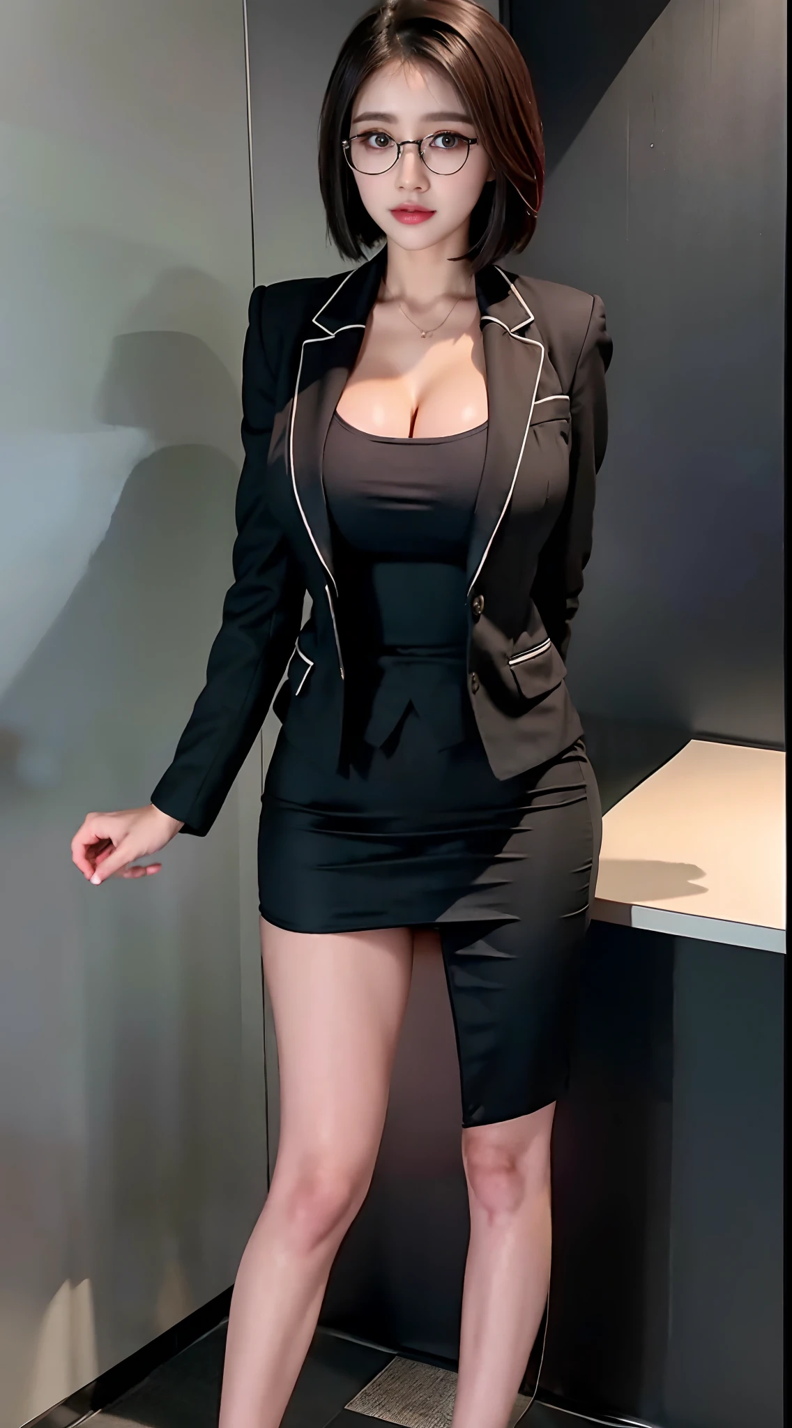 there is a busty woman in a black jacket and short skirt posing for a picture, huge fake boobs, sexy body, slim waist, big butt, short hair, glasses, business clothes, generous cleavage open jacket, wearing black business suit, girl in suit, wearing business suit, office clothes, wearing a black noble suit, girl in a suit, open jacket, woman in black business suit, ji-min, with black, black business suit, business attire, office room, full body, standing.