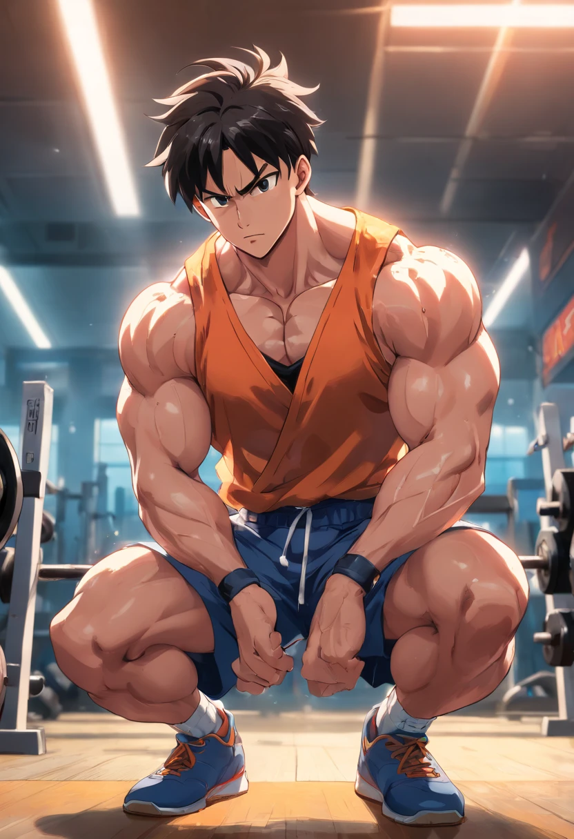 Sr. Popo,Dragon Ball,male,pumping iron at a weightlifting gym,high quality,ultra-detailed,photorealistic,best quality,4k,extremely detailed muscles and anatomy,muscle definition,bodybuilder's physique, intense workout session,vivid colors,studio lighting,physically-based rendering,adrenaline rush,fiery red aura,superhuman strength,straining muscles,strong determination,focused gaze,powerful energy emanating from his body,massive weights,rippling veins and bulging biceps,sweat dripping down his forehead,amazing sweat droplets,exhilarating atmosphere,intense concentration,bulging muscles on his back,sharp focus,tense and defined trapezius,ripped abs and chest,powerful legs,gritty gym environment,dynamic posing,seminal anime,action-filled frame,high-impact,action-packed,anime style artwork