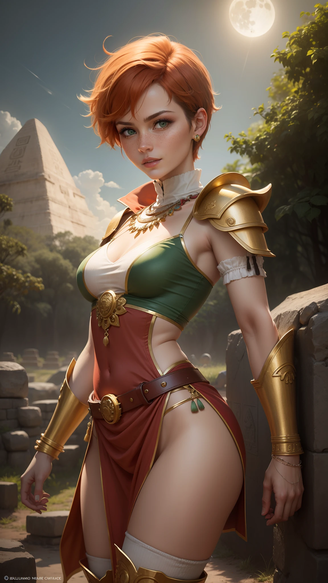 gwen tennyson,tracer,bulma,rebecca chambers,kukulcan,1girl,aztec,mayan outfit,aztec goddess,mayan warrior, mexico,mayan jungle,mayan armor, green eyes,thigh high boots,short hair,orange hair,moon light,mayan pyramid,shy smile,golden armor,full aztec armor,freckles,redhead,beautiful girl,small breasts,gold jewelry,ultra detailed,realistic,ancient culture,