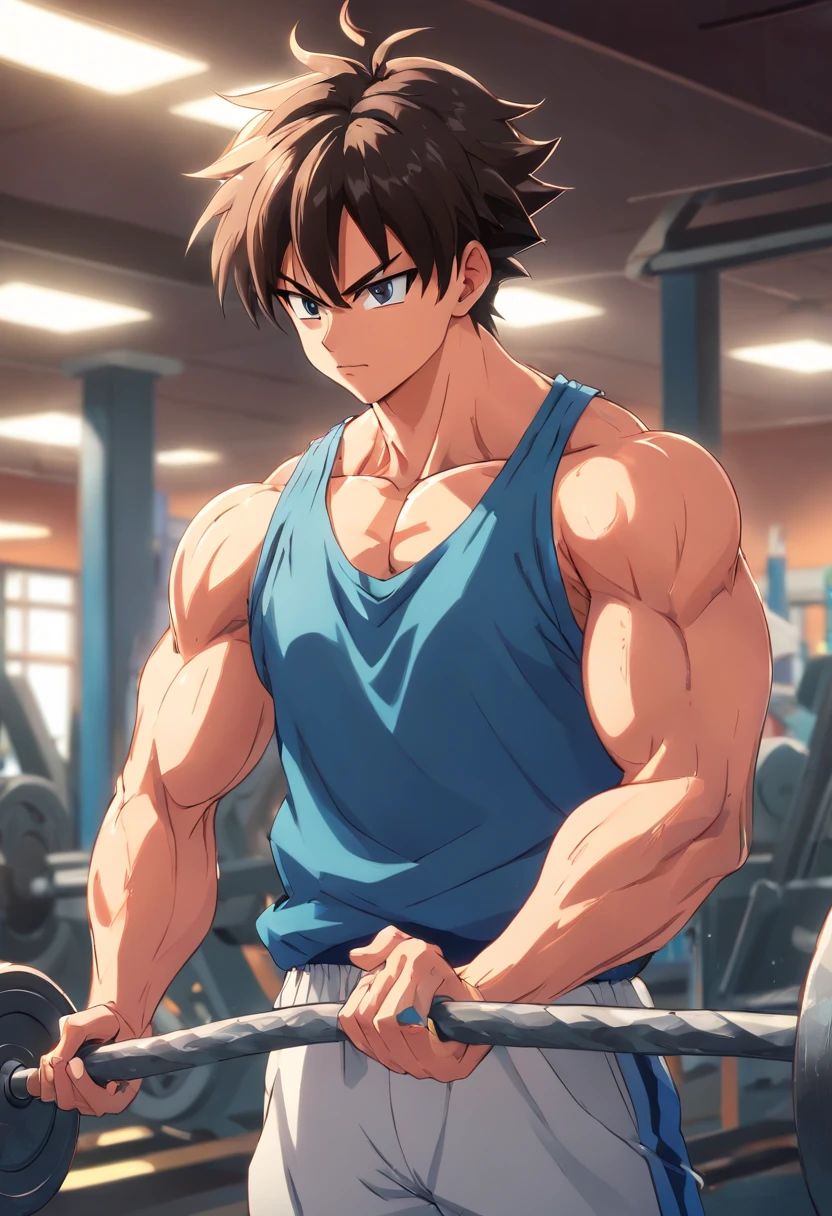 Sr. Popo, Dragon Ball, Masculino, Working out in a bodybuilding gym, Well-defined and detailed muscles, focus on biceps and triceps, detalhes perfeitos