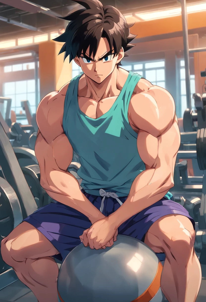 Sr. Popo, Dragon Ball, Masculino, Working out in a bodybuilding gym, Well-defined and detailed muscles, focus on biceps and triceps, detalhes perfeitos