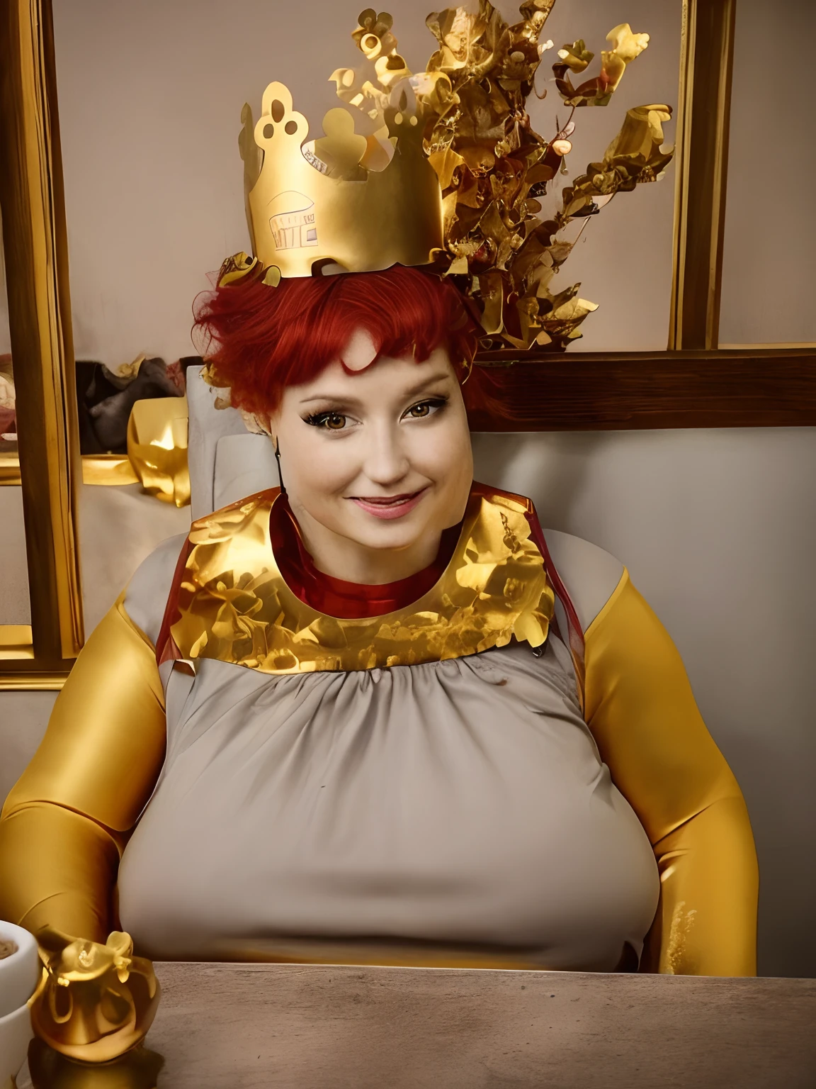 woman with red hair and tattoos sitting at a table with a cup of coffee and a crown on her head, dressed as a queen, posing as a queen, wearing huge golden crown, wearing a paper crown, queen crown on top of her head, wearing a crown, wearing a golden crown, wearing crown, wearing a light grey crown, crown on head, in a crown