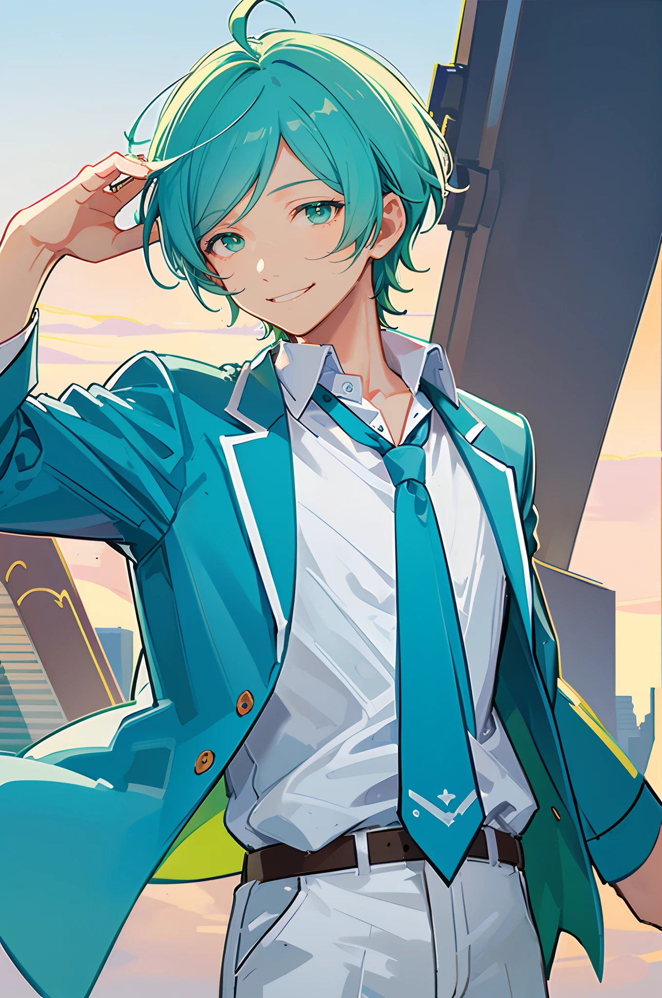 kanata shinkai, solo, 1boy, green eyes, blue hair, ahoge, male focus, cowboy shot, smile, school uniform, green eyes, blue hair, jacket, white shirt, upper body, necktie, collared shirt, blazer, blue jacket, cropped torso, green necktie, plaid pants