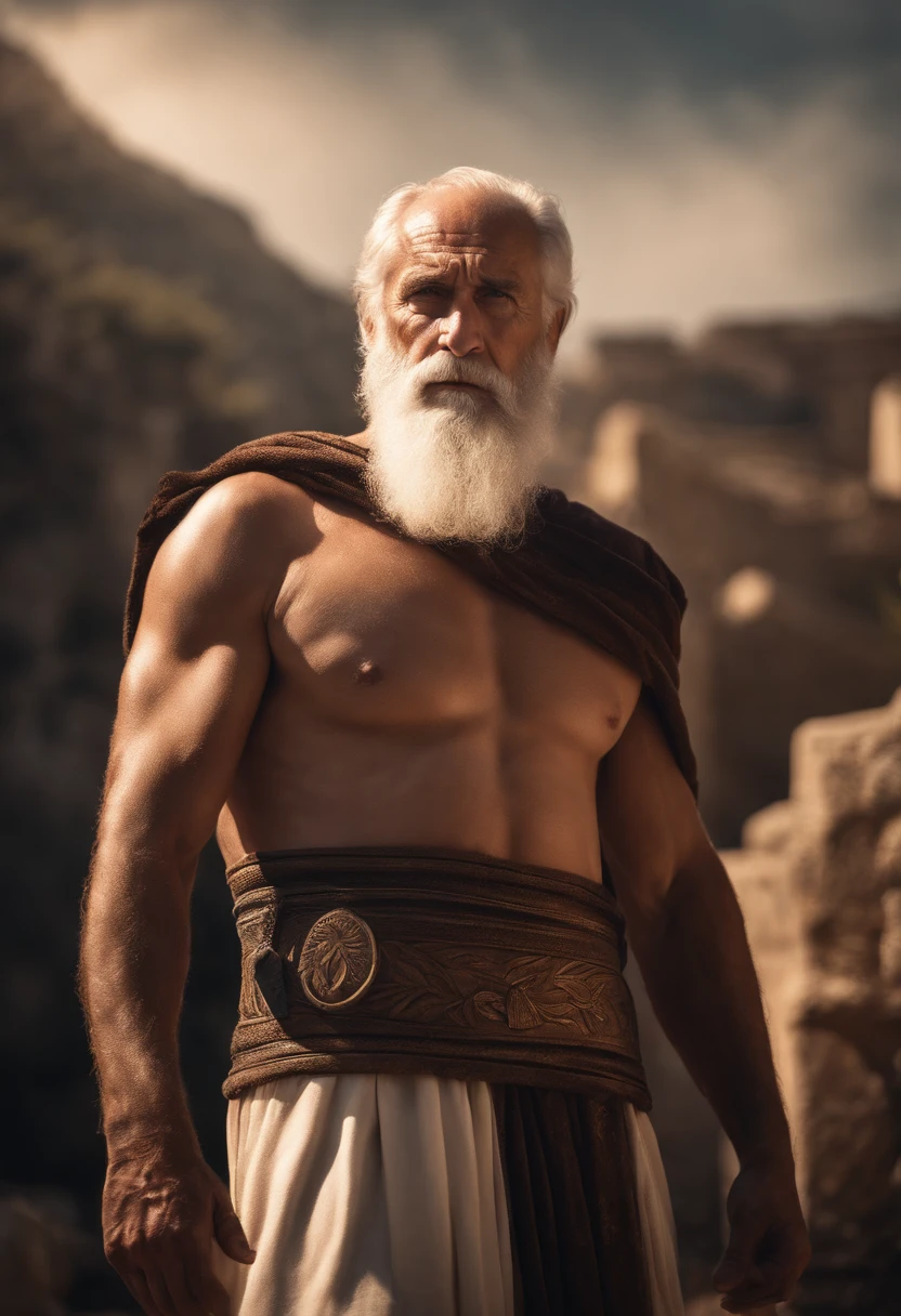 An elderly man, Ancient Greece, Zeus, muscular back, standing, looking backwards, illustrations, high quality illustrations, realistic depiction, ancient Greek mythology, dramatic lighting, vibrant colors, detailed facial features, beard, ancient Greek attire, confident expression, powerful physique, Greek ruins in the background, epic landscape, divine presence, majestic aura, mythical elements