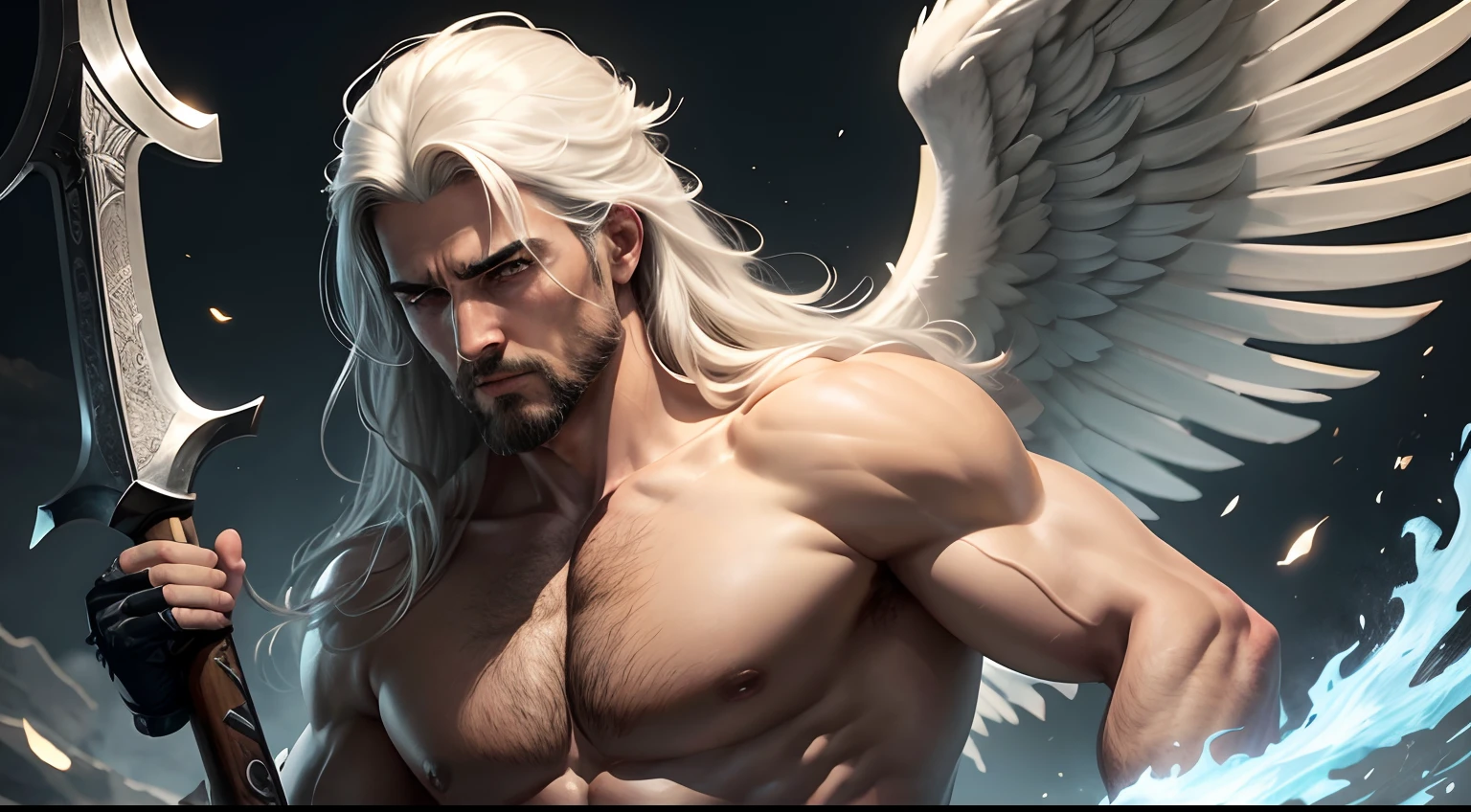 ANJO ARCANJO MIGUEL, COM ASAS ,CABELOS COMPRIDOS,ESPADA,ESCUDO,MUSCULOSO