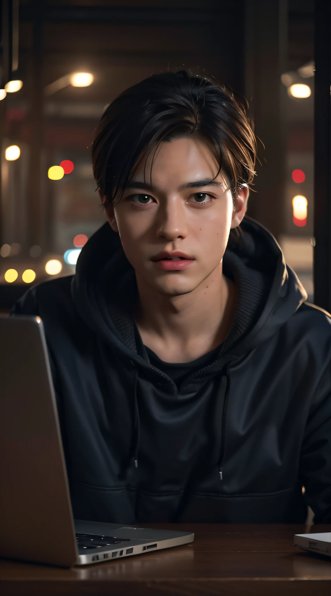 Close up portrait of a person sitting at a table on a laptop, Realistic art style, Peter Parker, Photorealistic Art Style, Realistic art style, realism artstyle, background artwork, Realistic style, 4k detailed digital art, Detailed Digital Anime Art, realistic anime 3 d style, Realistic anime art style, 8k high quality detailed art, realistic digital art 4 k