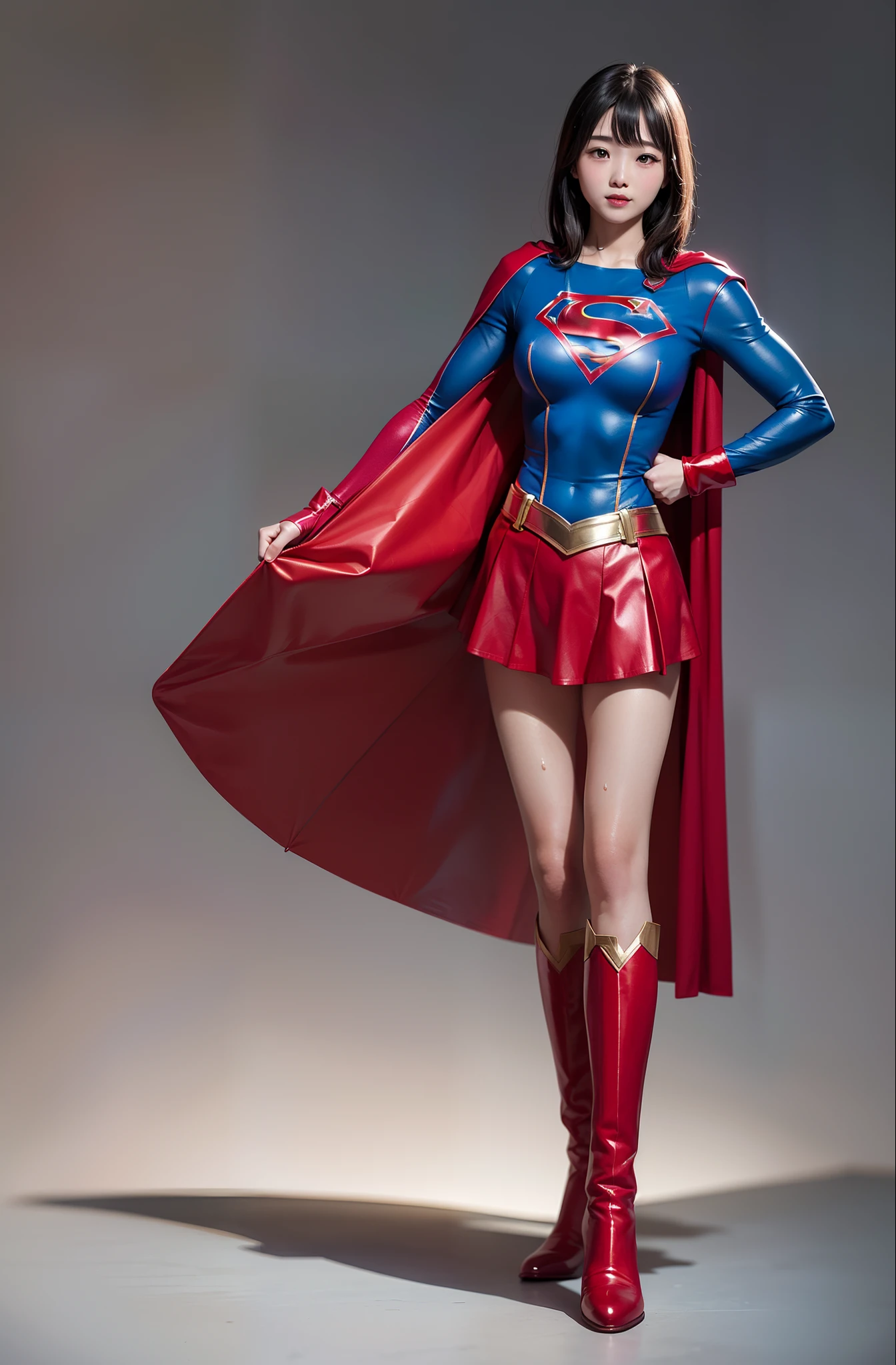 Be sure to wear black tights、(((Make the most of the original image)))、(((Supergirl Costume)))、(((shiny short hair)))、(((Suffering)))、(((Feet must necessarily be worn with black tights)))、(((Smile)))、(((You need to wear red boots)))、((Top image quality、8K))、((top-quality、8K、masterpiece:1.3))、(((Keep your background simple)))、Crisp focus:1.2、Beautiful woman with perfect body shape:1.4、Slender Abs:1.2、a wet body:1.5、Highly detailed facial and skin texture、