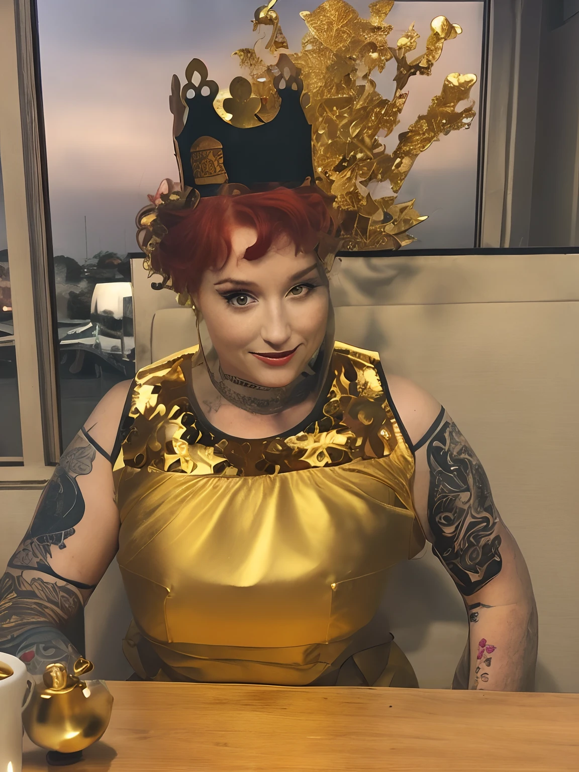 woman with red hair and tattoos sitting at a table with a cup of coffee and a crown on her head, dressed as a queen, posing as a queen, wearing huge golden crown, wearing a paper crown, queen crown on top of her head, wearing a crown, wearing a golden crown, wearing crown, wearing a light grey crown, crown on head, in a crown