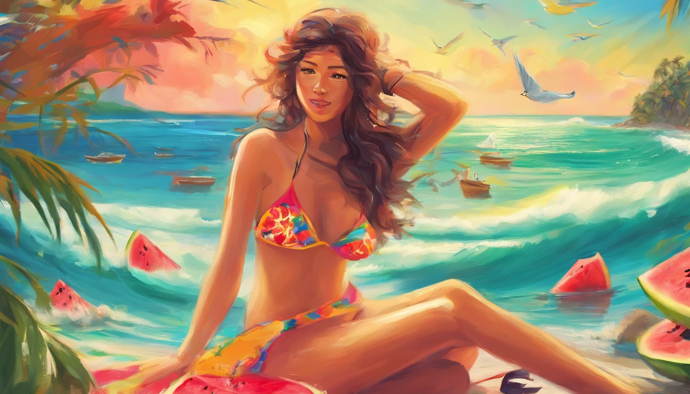 A young woman on vacation is enjoying a sunny day at the beach. She is wearing a colorful bikini and is sitting on a beach towel. In her hand, she holds a slice of juicy watermelon, enjoying its refreshing taste. The beach is bustling with activity, and seagulls can be seen gliding gracefully in the blue sky above. The sound of waves crashing against the shore completes the relaxing atmosphere. Capture the carefree and joyful moment of this girl's beach vacation getaway.