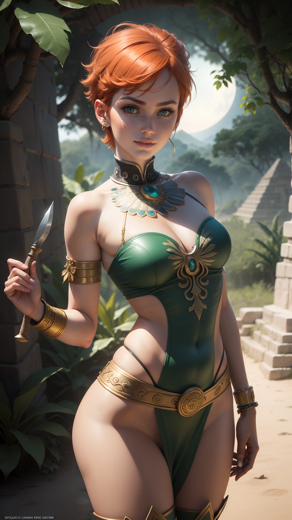 gwen tennyson,tracer,bulma,rebecca chambers,kukulcan,1girl,aztec,mayan outfit,mayan goddess,mayan warrior, mexico,mayan jungle,mayan armor, green eyes,thigh high boots,short hair,orange hair,moonlight,mayan pyramid,shy smile,jade armor,full mayan armor,freckles,redhead,beautiful girl,small breasts,gold jewelry,ultra detailed,realistic,holding mayan weapons,