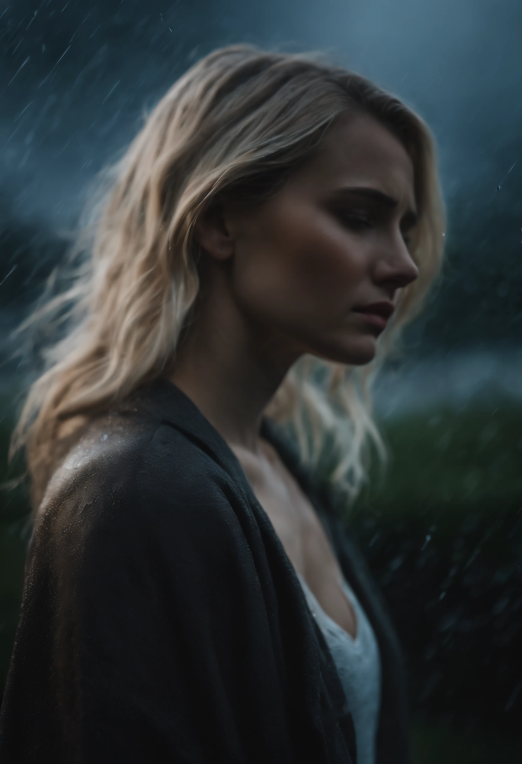 Sad girl,cry,darkness,Rain sky,。.。.。.。.。.。.。.。.。.。.。.。.3D,Upscale,hard disk,Blonde short,is crying,with his back turned