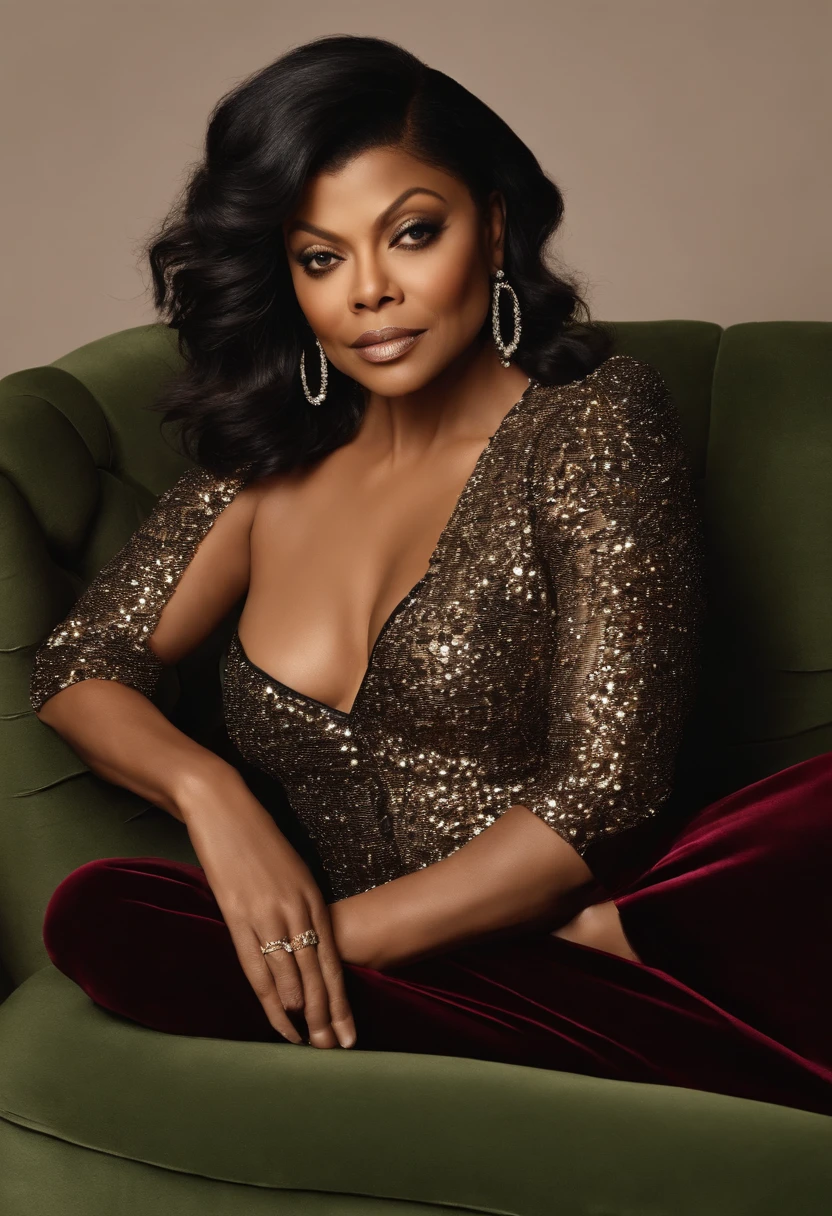 atriz Taraji Penda Henson sentada em uma poltrona linda preta em uma sala da atriz Taraji Penda Henson uma negra mulher com um colar de ouro e brincos, arte do designer, foto da atriz Taraji Penda Henson mulher negra, feminilidade", diva, obra-prima', atriz Taraji Penda Henson, rainha bonita, Obra-prima da arte, reads beautifully, arte bonita, foto promocional, Foto promocional, dramatic ", dramatic", emocionalmente sugestivo, Imagem promocional, taken in the early 2020s, inspiration