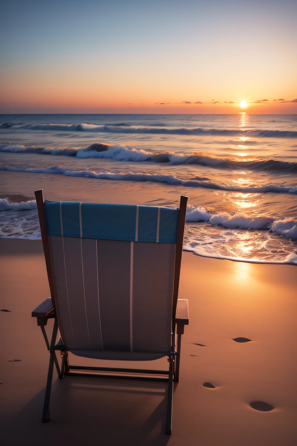 Late afternoon on the beach with a beautiful sunset and an empty reclining beach chair, in a vertical image