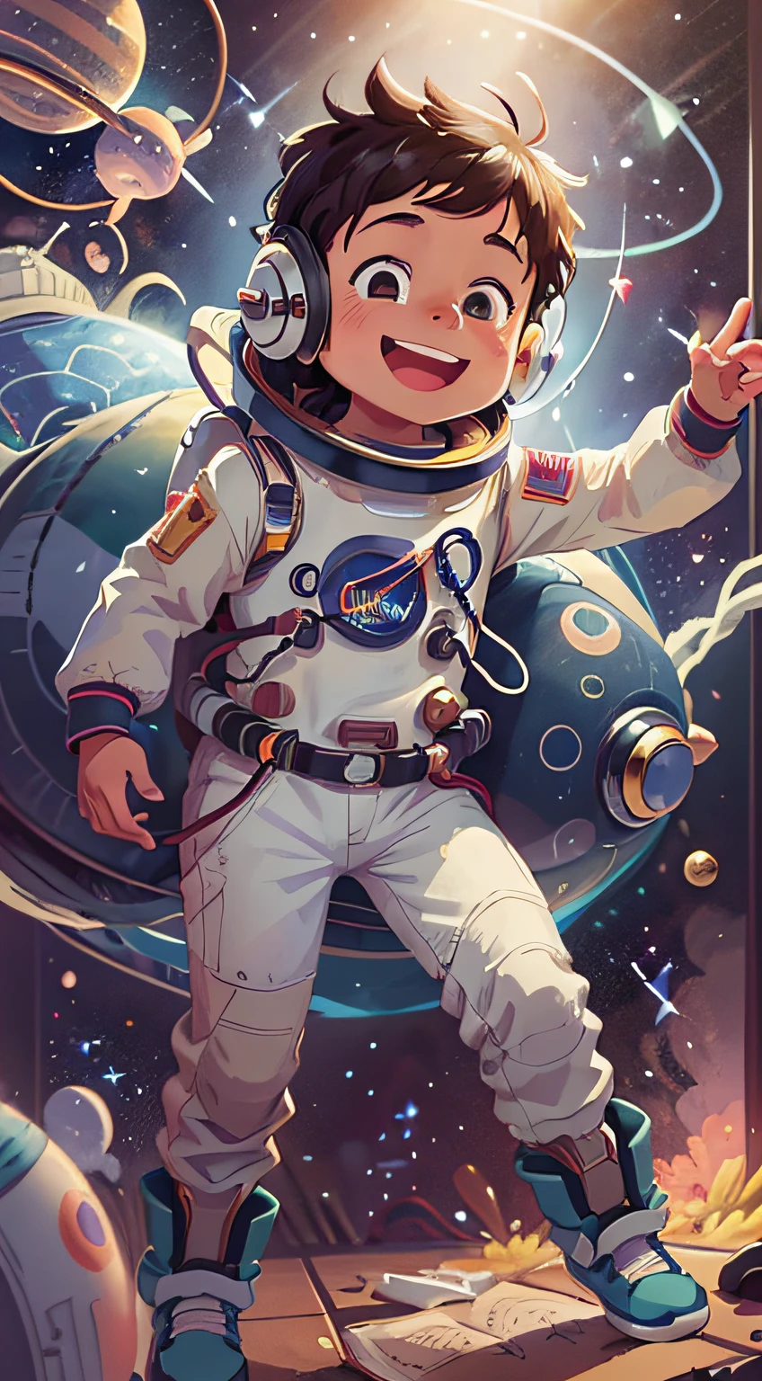 Personagem livro infantil, Pequeno menino astronauta, realista, alta qualidade, imagem detalhada, 4k, ((sorrindo)), outer space background, (((outer space)))