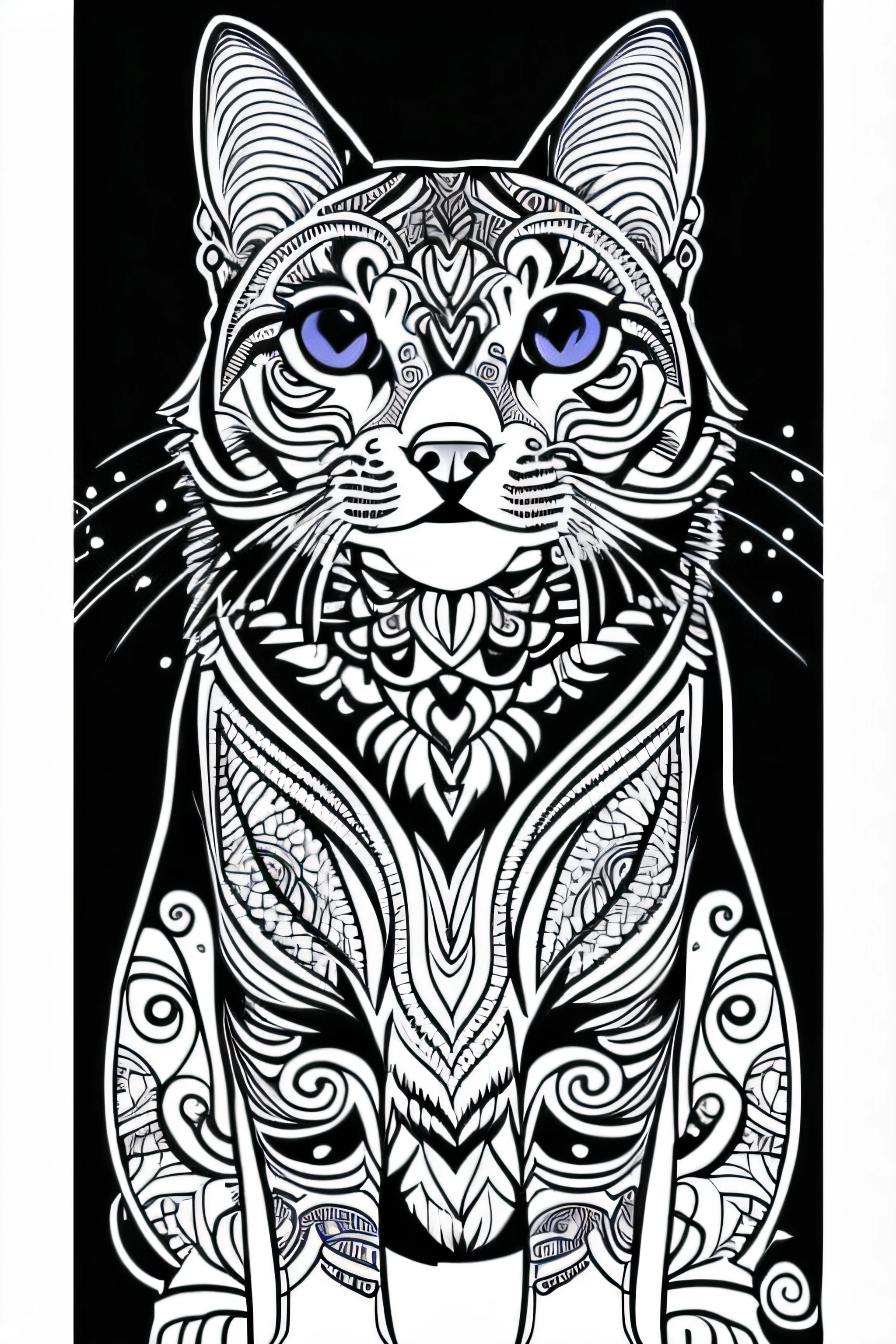 Coloring Page for Adults, Bold Lines, Dark Lines, Mandala Puppy Body, Mandala Cat Face, Mandala Face, Symmetrical, White Background, Clean Line Art, Thin Line Art, Black and White