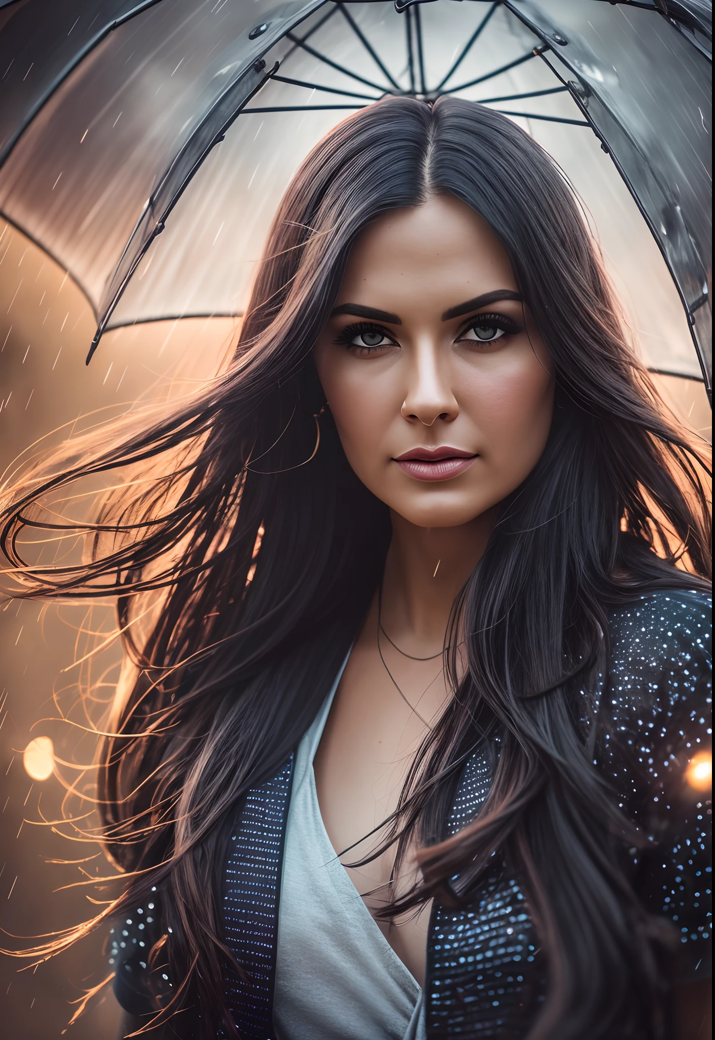 Hot mom in the rain, blue dark hair, long hair, confused, natural light, flares, dynamic, 200mm, depth of field, light effect, dramatic, extreme composition, realistic, intricate detail, cinematic shot, cinematic lighting, photography lighting, lightroom gallery, after effect, behance photography, professional photo --auto --s2