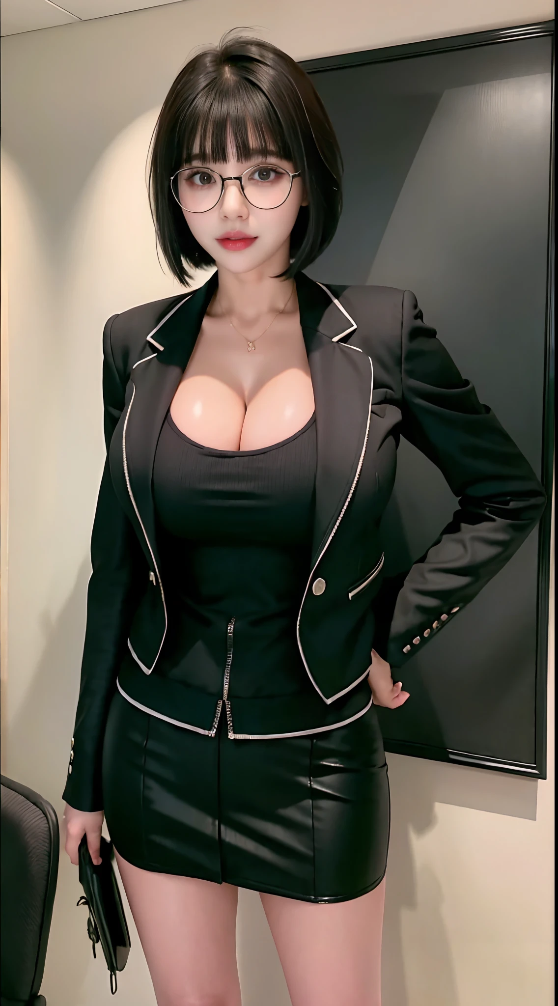 there is a busty woman in a black jacket and short skirt posing for a picture, huge fake boobs, sexy body, slim waist, big butt, front bangs short hair, glasses, business clothes, generous cleavage open jacket, wearing black business suit, girl in suit, wearing business suit, office clothes, wearing a black noble suit, girl in a suit, open jacket, woman in black business suit, ji-min, with black, white business suit, business attire, office room, full body, standing.