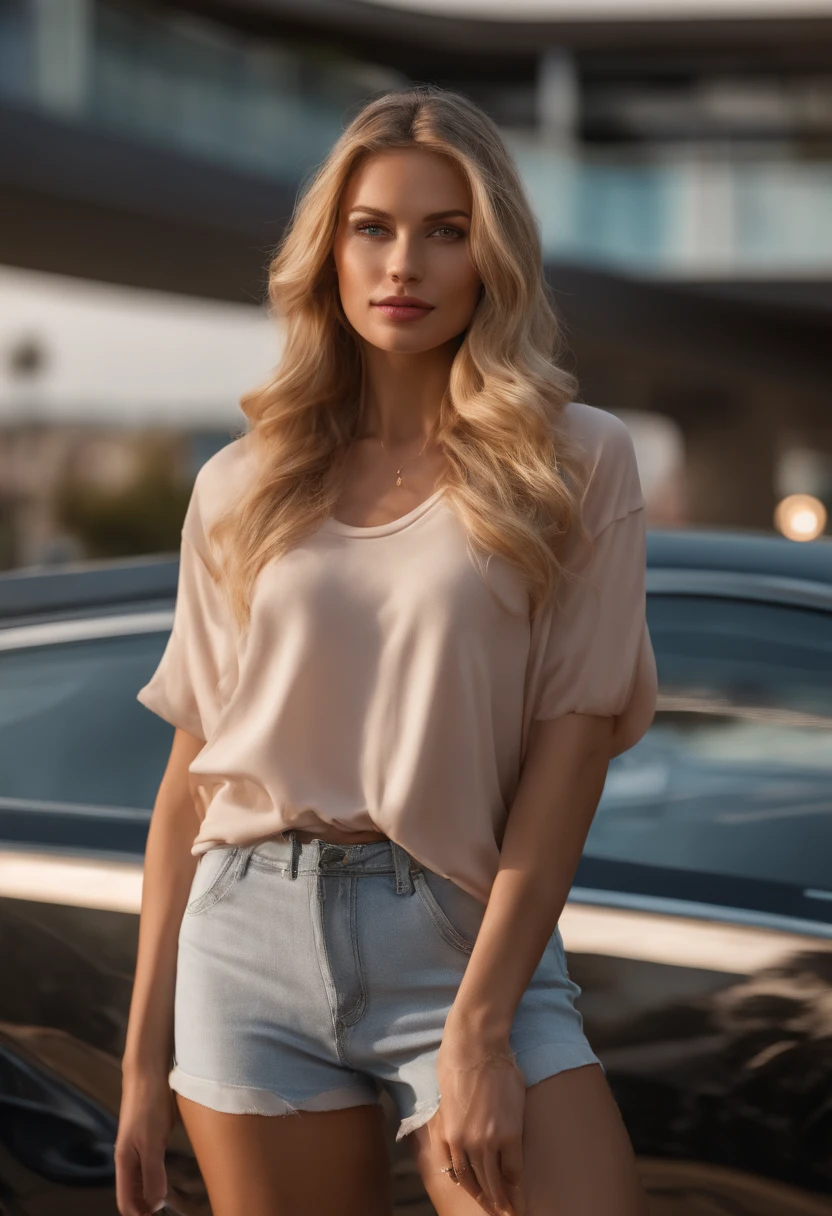 Gorgeous woman with long wavy blonde hair, detailed alluring eyes, longues jambes sexy, porter des shorts minuscules, T-shirt crop top rouge, in the parking lot of a shopping mall, ((Detailed facial features)), (finely detailed skin), pale skinned, realistic skin texture, extreme skin details, (Pores:0.1), in the background beautiful futuristic cyberpunk city, best quality masterpiece, photoreallistic, Hyperrealistic, Detailed, 8k, Hdr, (Couleur douce: 1.2), faible profondeur de champ, broad light, high contrast, contre-jour, fleurir, light sparkles, aberration chromatique, mise au point nette, Photo couleur RAW, without background blur,gros seins