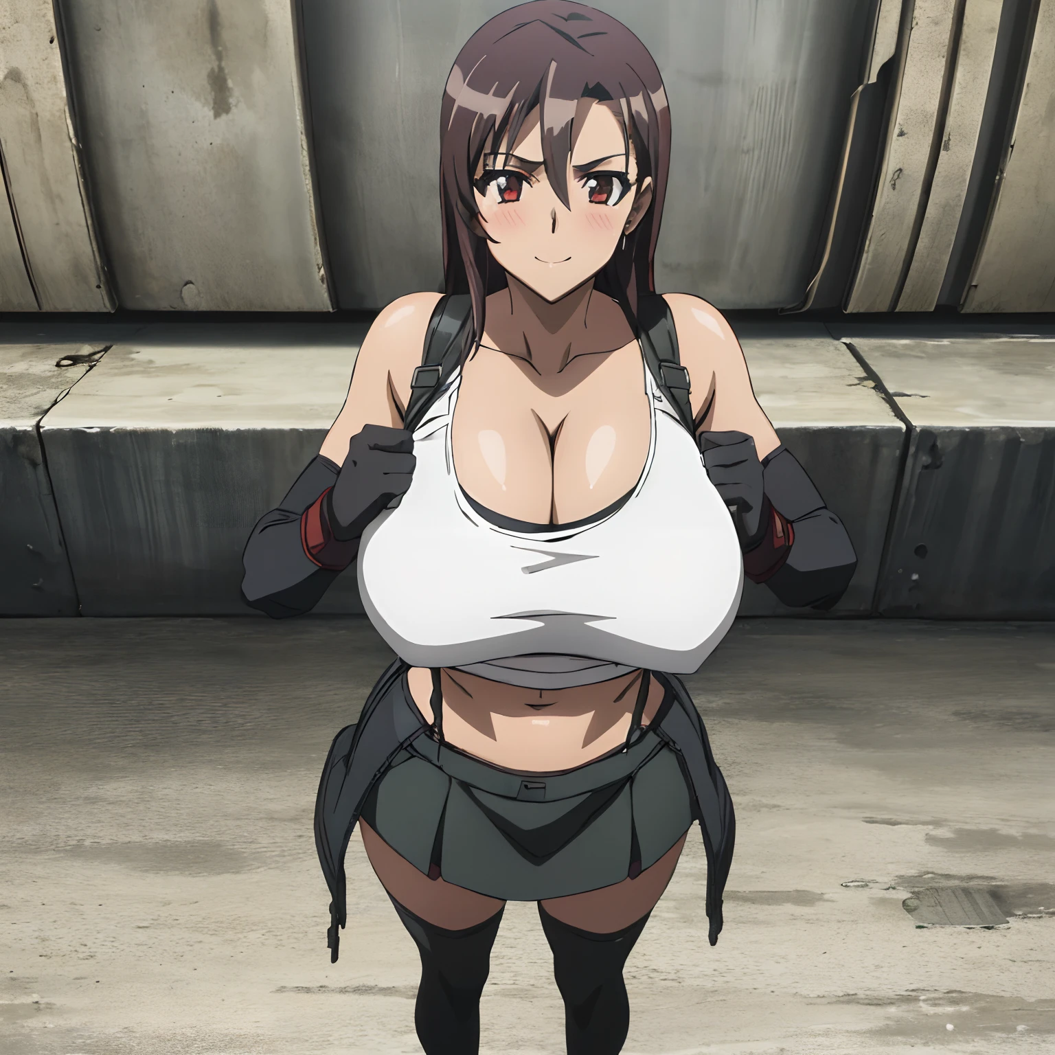 (((busty, huge_breasts))),tifa ff7, 1girl, solo, looking at viewer, blush wariza, seductive smile, tank top, black skirt, suspender skirt, midriff, black thighhighs, red gloves, bra, zettai ryouiki, head tilt,underboob, thick thighs, fighting stance