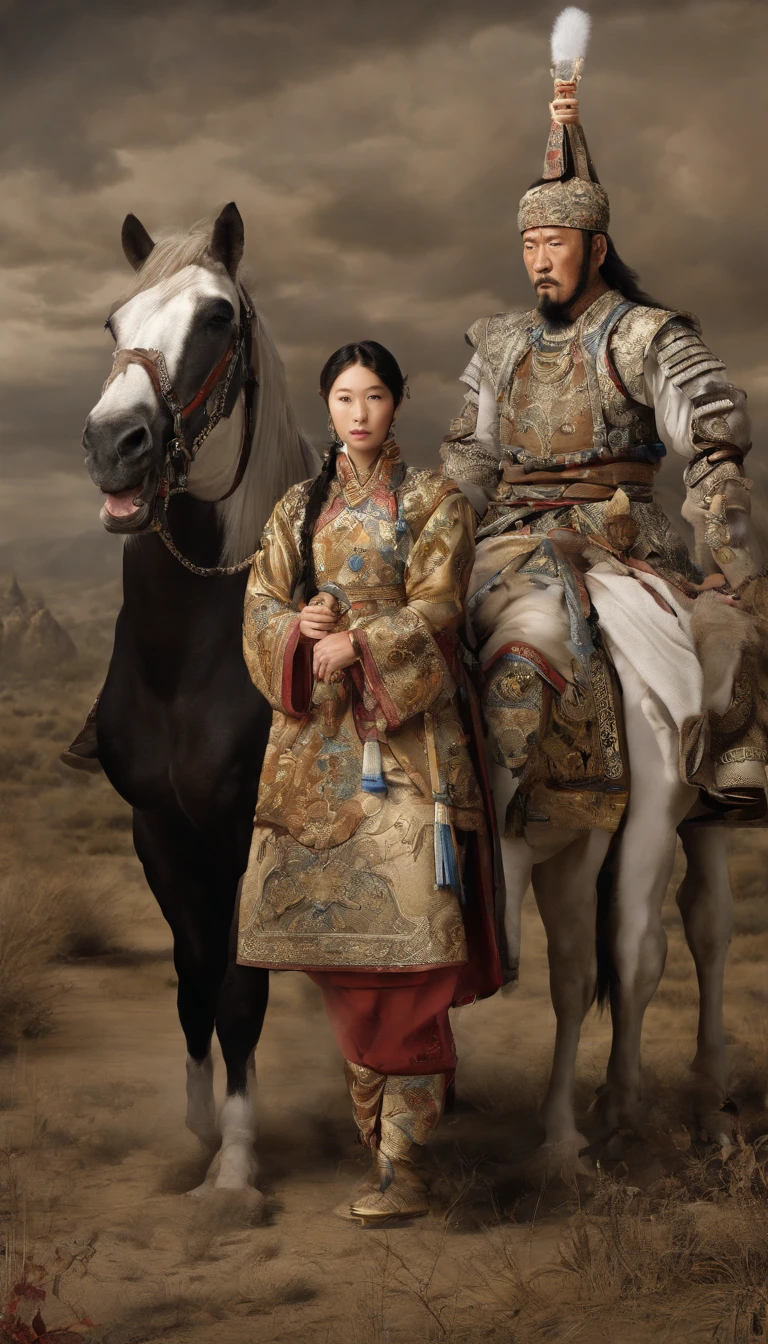 Create a scene that illustrates the marriage of one of Genghis Khan's daughters to a king of an allied nation, com destaque para os trajes e rituais culturais envolvidos.