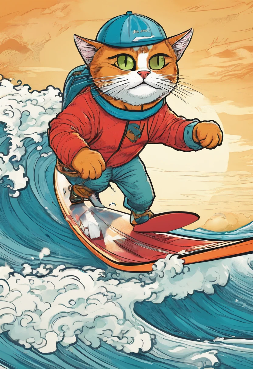 cat riding surfing on the great wave