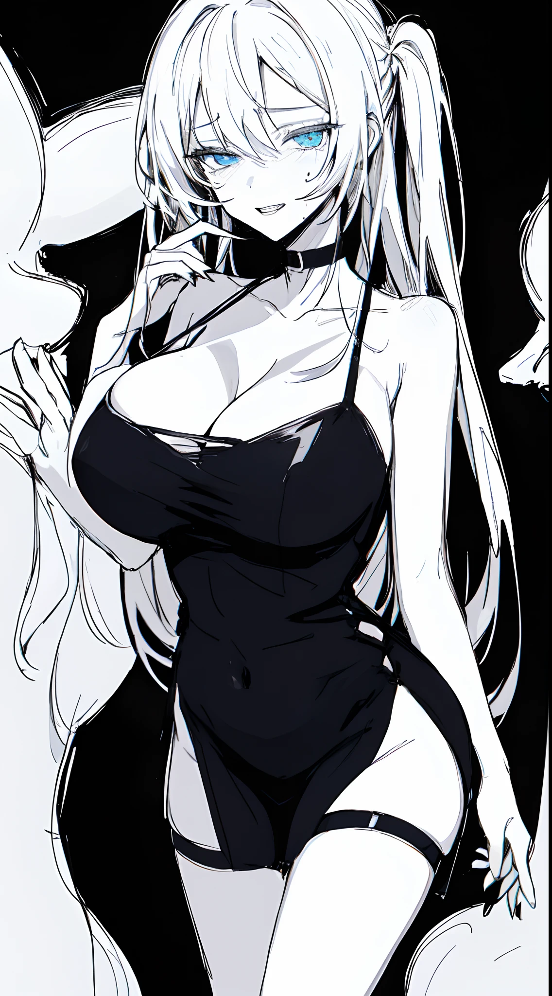 Stunning girl, Detailed blue eyes, erotic expression, white hair, big breasts, wide hips, slim body, black nightdress, black choker, (Black and white, sketch), black background, hentai, simple poster, ((negative space)),