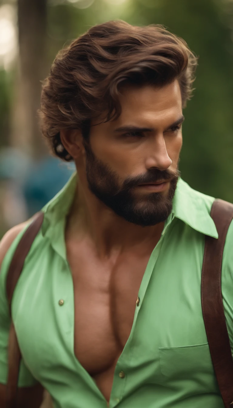 (the best quality,8k,Realstic),bel homme,avec une barbe abondante,macho,yeux vert ,cheveux bruns court ,bons muscles,avec  une chemise