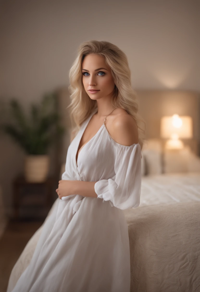 hot white haired girl, age 21, sexy, sits on the edge of a white bed in a dimly lit room, dressed in a red satin dress.  Her hair is styled in soft waves, and her makeup is natural, enhancing her contemplative expression., slim hourglass body, men magazine girl, detailed skin, realistic, (perfect eyes), photo-realistic, 8k sharp focus, highly detailed, full length frame, High detail RAW color art, piercing, diffused soft lighting, shallow depth of field, sharp focus, hyperrealism, cinematic lighting, smiling