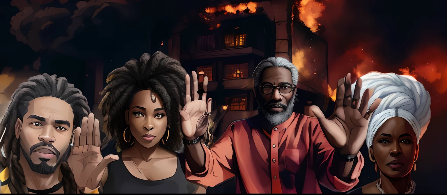 um jovem negro com cabelo dreadlock, uma mulher negra 30 anos com cabelo blacpower, a 60-year-old black man with white hair and a white beard and a 40-year-old black woman with a white scarf tied around her head. Ao fundo um predio em chamas