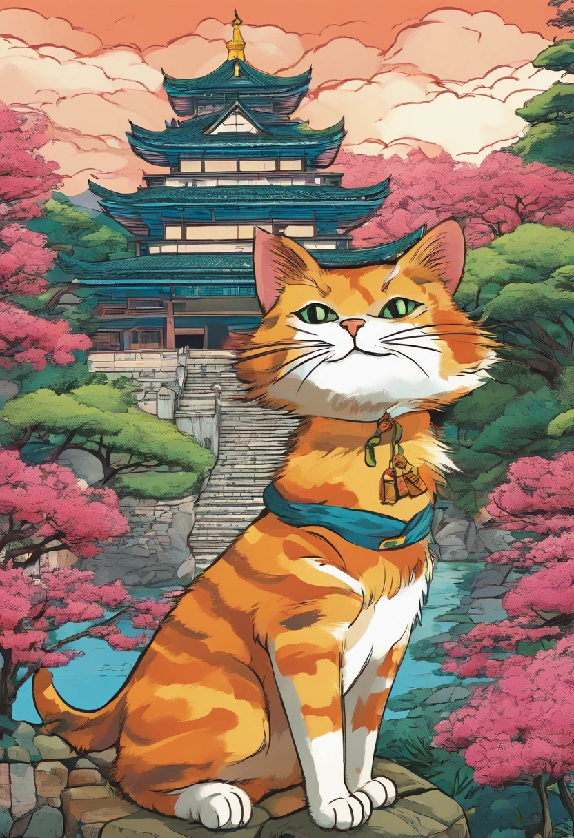 cat in front of japanese castle