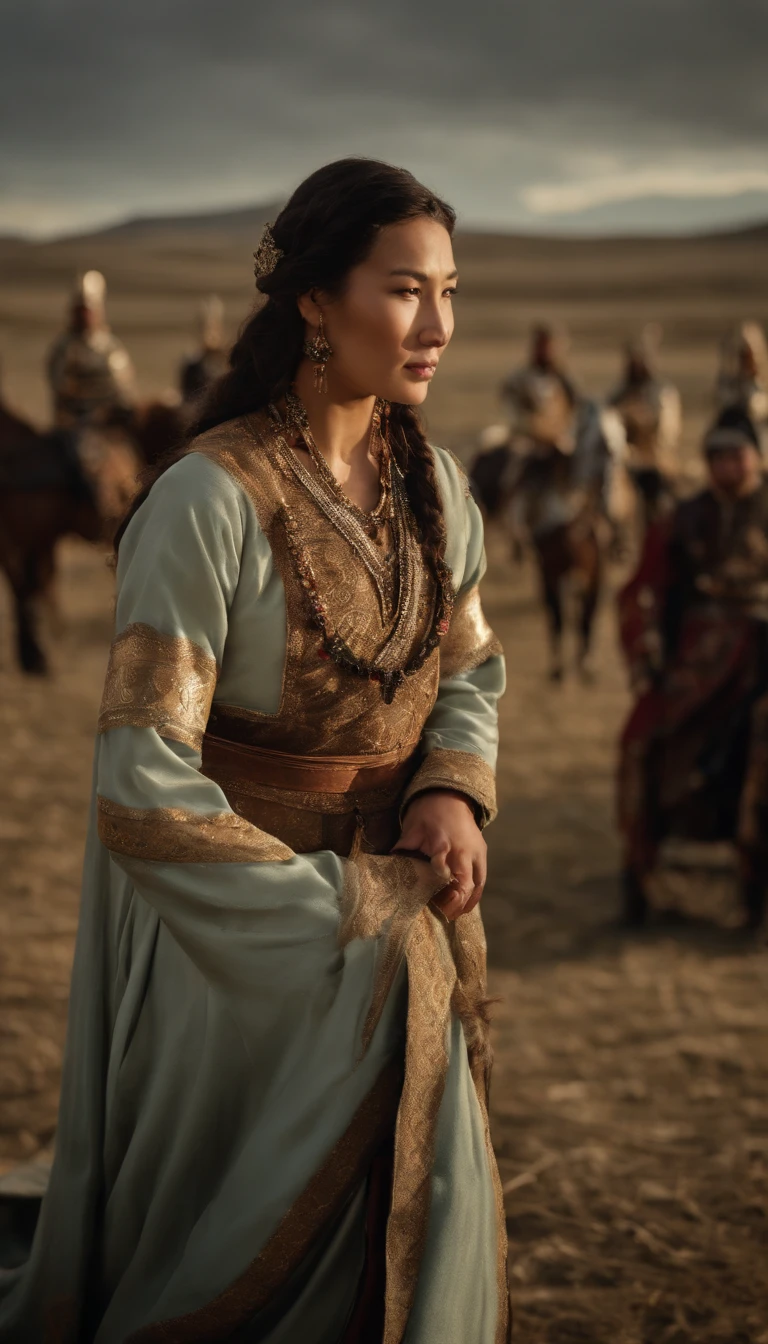 Create a scene that illustrates the marriage of one of Genghis Khan's daughters to a king of an allied nation, com destaque para os trajes e rituais culturais envolvidos.