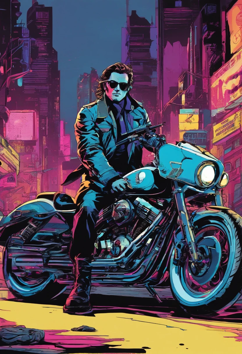 (best quality,4k,8k,highres,masterpiece:1.2),ultra-detailed,realistic,cyberpunk sheriff Johnny Cash,glowing neon lights,leather jacket,cybernetic arm,cowboy hat,expressive eyes,silver stubble,gritty urban cityscape,retro-futuristic setting,smoke-filled streets,reflective sunglasses,dystopian atmosphere,music-themed tattoos,electric guitar,barbed wire,technological enhancements,bionic implants,futuristic weaponry,steel spurs,concrete jungle,nighttime adventure,high-tech revolver,fierce determination,hard-boiled detective,western-inspired cyberpunk,dark and moody color palette,flare of blue and purple hues,dynamic lighting,heavily modified motorcycle,metallic accents,fast-paced action,smoky alleyways,looming skyscrapers,artificial intelligence companion,crowded nightclubs,holographic billboards,explosions of vibrant colors,sepia-toned memories,disguised justice,sharp shadows and highlights,high contrast visuals,retro analog vibe,lone wolf in the metropolis,blend of past and future,unforgiving wasteland,energy surges,techno-music soundtrack,backlit silhouettes,gritty aura of rebellion.