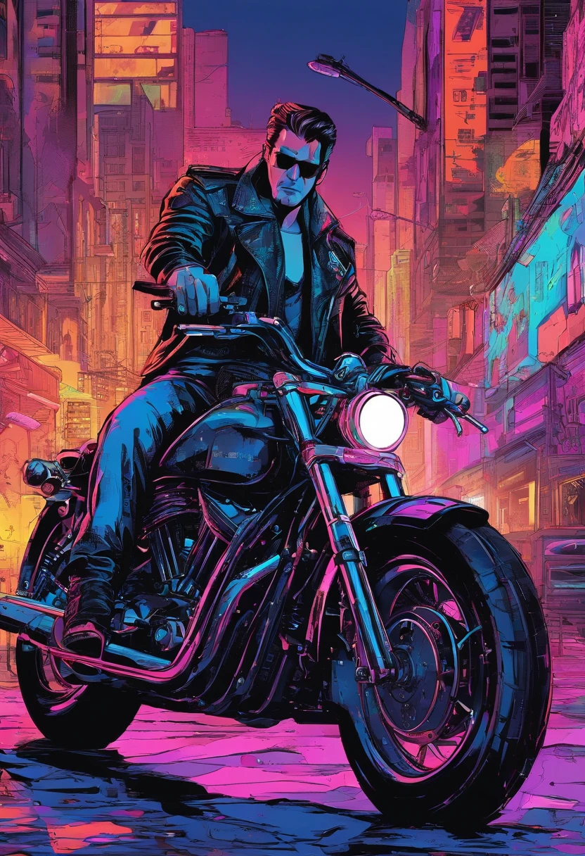 (best quality,4k,8k,highres,masterpiece:1.2),ultra-detailed,realistic,cyberpunk sheriff Johnny Cash,glowing neon lights,leather jacket,cybernetic arm,cowboy hat,expressive eyes,silver stubble,gritty urban cityscape,retro-futuristic setting,smoke-filled streets,reflective sunglasses,dystopian atmosphere,music-themed tattoos,electric guitar,barbed wire,technological enhancements,bionic implants,futuristic weaponry,steel spurs,concrete jungle,nighttime adventure,high-tech revolver,fierce determination,hard-boiled detective,western-inspired cyberpunk,dark and moody color palette,flare of blue and purple hues,dynamic lighting,heavily modified motorcycle,metallic accents,fast-paced action,smoky alleyways,looming skyscrapers,artificial intelligence companion,crowded nightclubs,holographic billboards,explosions of vibrant colors,sepia-toned memories,disguised justice,sharp shadows and highlights,high contrast visuals,retro analog vibe,lone wolf in the metropolis,blend of past and future,unforgiving wasteland,energy surges,techno-music soundtrack,backlit silhouettes,gritty aura of rebellion.