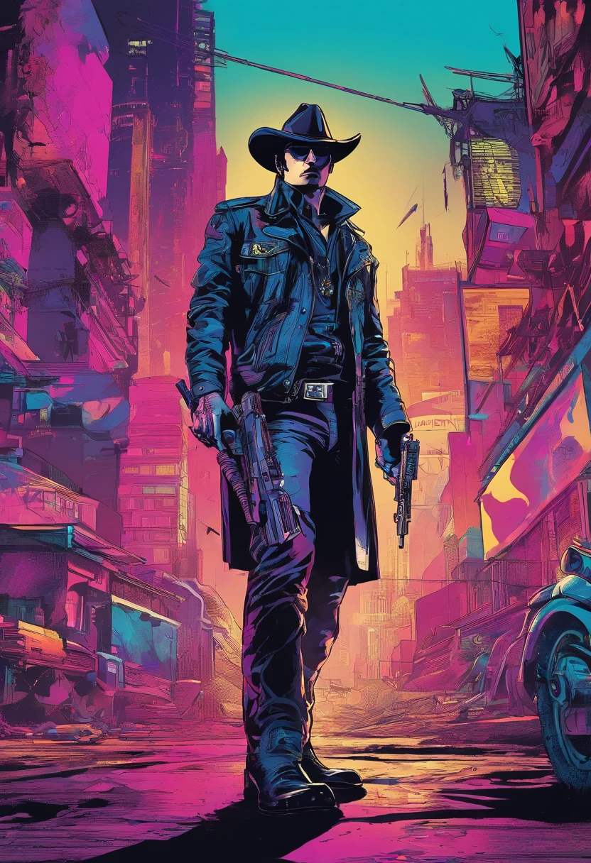 (best quality,4k,8k,highres,masterpiece:1.2),ultra-detailed,realistic,cyberpunk sheriff Johnny Cash,glowing neon lights,leather jacket,cybernetic arm,cowboy hat,expressive eyes,silver stubble,gritty urban cityscape,retro-futuristic setting,smoke-filled streets,reflective sunglasses,dystopian atmosphere,music-themed tattoos,electric guitar,barbed wire,technological enhancements,bionic implants,futuristic weaponry,steel spurs,concrete jungle,nighttime adventure,high-tech revolver,fierce determination,hard-boiled detective,western-inspired cyberpunk,dark and moody color palette,flare of blue and purple hues,dynamic lighting,heavily modified motorcycle,metallic accents,fast-paced action,smoky alleyways,looming skyscrapers,artificial intelligence companion,crowded nightclubs,holographic billboards,explosions of vibrant colors,sepia-toned memories,disguised justice,sharp shadows and highlights,high contrast visuals,retro analog vibe,lone wolf in the metropolis,blend of past and future,unforgiving wasteland,energy surges,techno-music soundtrack,backlit silhouettes,gritty aura of rebellion.