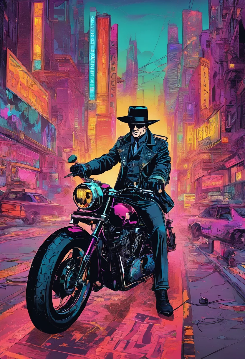 (best quality,4k,8k,highres,masterpiece:1.2),ultra-detailed,realistic,cyberpunk sheriff Johnny Cash,glowing neon lights,leather jacket,cybernetic arm,cowboy hat,expressive eyes,silver stubble,gritty urban cityscape,retro-futuristic setting,smoke-filled streets,reflective sunglasses,dystopian atmosphere,music-themed tattoos,electric guitar,barbed wire,technological enhancements,bionic implants,futuristic weaponry,steel spurs,concrete jungle,nighttime adventure,high-tech revolver,fierce determination,hard-boiled detective,western-inspired cyberpunk,dark and moody color palette,flare of blue and purple hues,dynamic lighting,heavily modified motorcycle,metallic accents,fast-paced action,smoky alleyways,looming skyscrapers,artificial intelligence companion,crowded nightclubs,holographic billboards,explosions of vibrant colors,sepia-toned memories,disguised justice,sharp shadows and highlights,high contrast visuals,retro analog vibe,lone wolf in the metropolis,blend of past and future,unforgiving wasteland,energy surges,techno-music soundtrack,backlit silhouettes,gritty aura of rebellion.