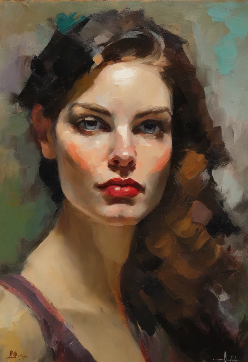 malcolm liepke style oil painting portrait of model, brushwork convey the subject's emotions and energy.