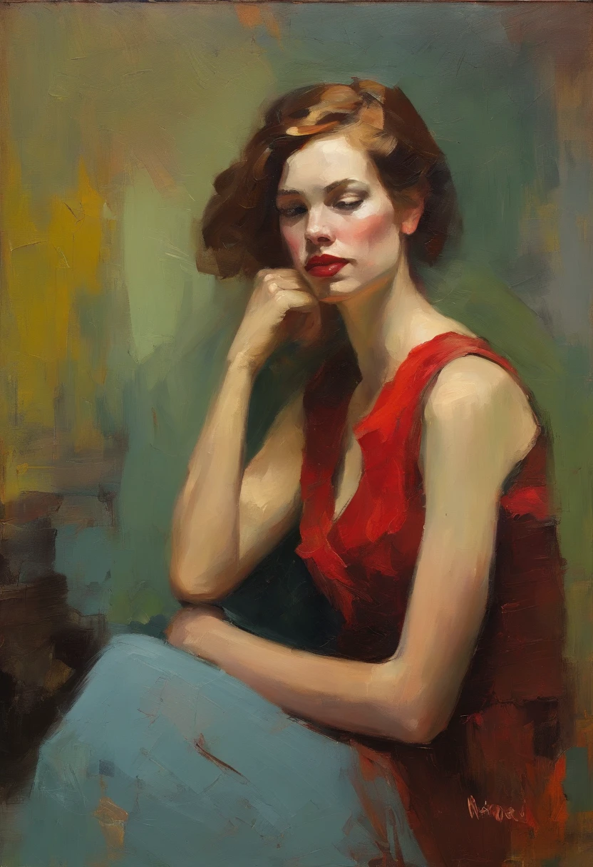 malcolm liepke style oil painting portrait of model, brushwork convey the subject's emotions and energy.