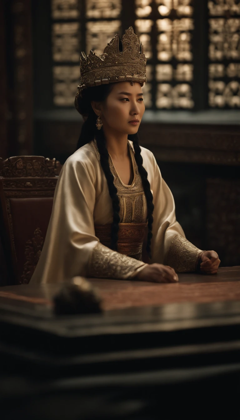 Create an image that symbolizes the transition of power, with one of Genghis Khan's daughters taking control of the empire after her husband's death, highlighting the empire's heritage