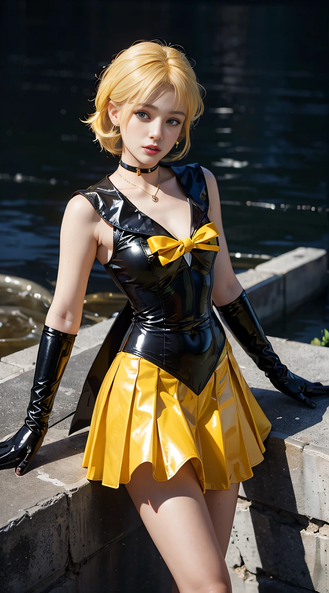 ((​masterpiece:1.4)、(top-quality:1.4)、(reallistic:1.7))、masuter piece:1.4、a beauty girl、(sailormoon:1.4)、Sexy female combat suit sticking to body、(latex shiny)、(The jacket is a white sleeveless sailor suit)、(Skirt is blue sexy ultra ultra mini skirt)、The collar of the sailor suit is blue with two thin lines.、Red cloth ornament at chest、(Wearing white gloves)、Kawaii Girl、Super beauty、foco nítido、Portrait photos、Upper body photography:1.4、beautiful countenance、beautidful eyes、Narrow waist、(Yellow hair:1.4)、length hair:1.2、Raw photo、red-lips、Red boots:1.4、a choker:1.4、a necklace:1.4、耳Nipple Ring:1.4、1 screen display、Outdoor landscape